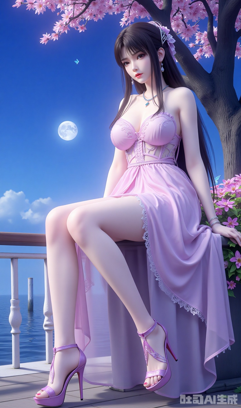 Ultra Clear, Wallpaper, 8K, Masterpiece, Masterpiece, Best Quality, High Quality, Color, Hair Accessories, Extra Long Legs , high-heeled sandals, earrings, black hair, light 1girl,solo, eyes,hair ornament,dress,sitting,full body,flower,sky,water, dress,high heels,tree,bare legs,night,moon,bug,butterfly,night sky,black hair,Tutu Aurora 8D Pantyhose,plns_high heels,embossed high heels,LS,Xhuangnv,wet pantyhose,xyx,xiaoyixian,cy,charming legs,xyx