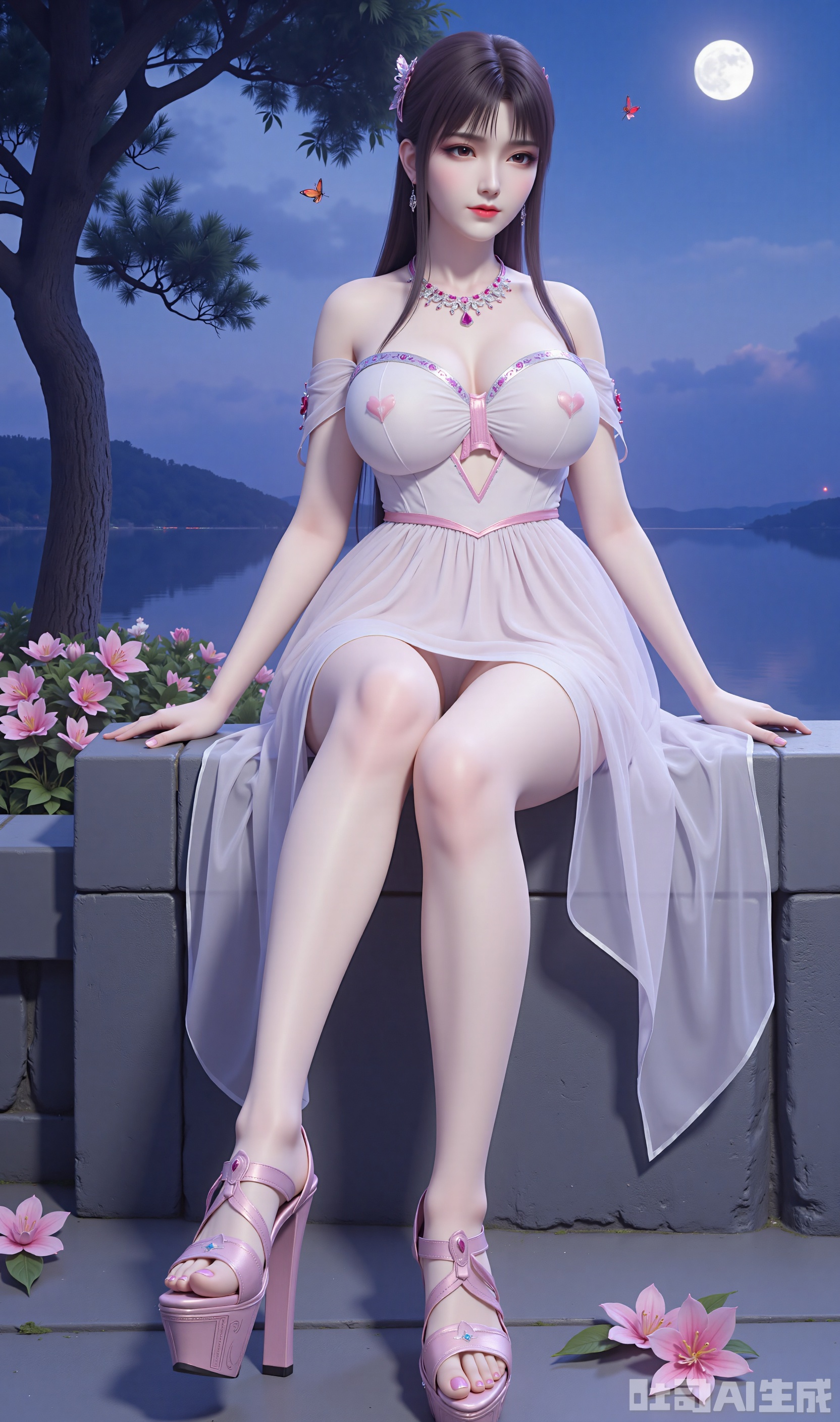 Ultra Clear, Wallpaper, 8K, Masterpiece, Masterpiece, Best Quality, High Quality, Color, Hair Accessories, Extra Long Legs , high-heeled sandals, earrings, black hair, light 1girl,solo, eyes,hair ornament,dress,sitting,full body,flower,sky,water, dress,high heels,tree,bare legs,night,moon,bug,butterfly,night sky,black hair,Tutu Aurora 8D Pantyhose,plns_high heels,embossed high heels,LS,Xhuangnv,wet pantyhose,xyx,xiaoyixian,cy,charming legs,xyx,大胸large breasts.