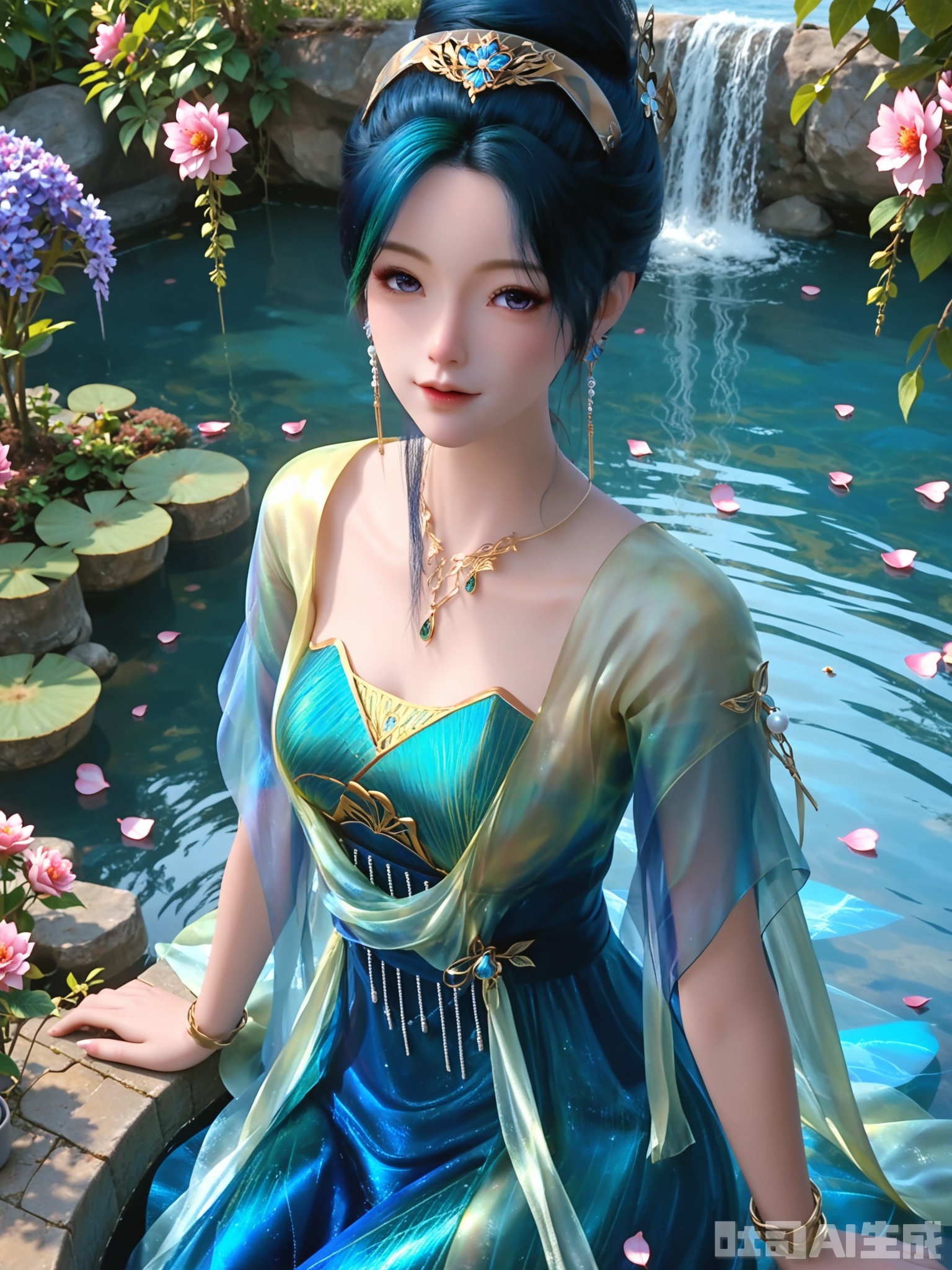 score_9,score_8_up,score_7_up,1girl,looking_at_viewer,realistic,1girl,Vivid Colors,bright environment,delicate water,hair_ornament,shiny skin,reflection,dress,flower sea,falling petals,extreme detail description,(upper body:0.8),put one hand on your side,long_hair,(skindentation:1.3),bright,sunshine on face,light,dress,sitting_down,eyes highlight,thighhighs,petals,