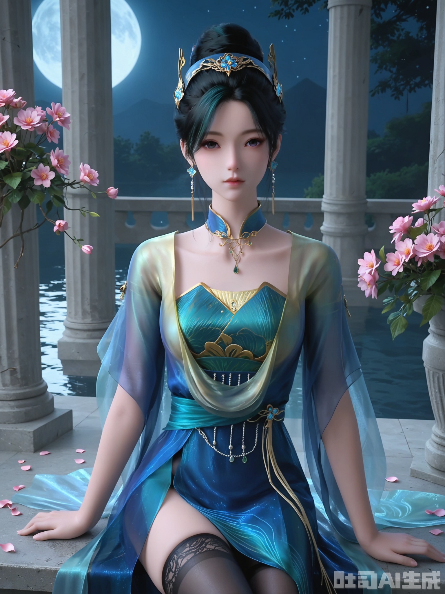 score_9,score_8_up,score_7_up,1girl,looking_at_viewer,realistic,1girl,Vivid Colors,bright environment,delicate water,hair_ornament,shiny skin,reflection,dress,flower sea,falling petals,extreme detail description,(upper body:0.8),put one hand on your side,long_hair,(skindentation:1.3),bright,sunshine on face,light,dress,sitting_down,eyes highlight,thighhighs,petals,night,expressionless,chinese clothes,pillar,full moon,moonlight,moonlight