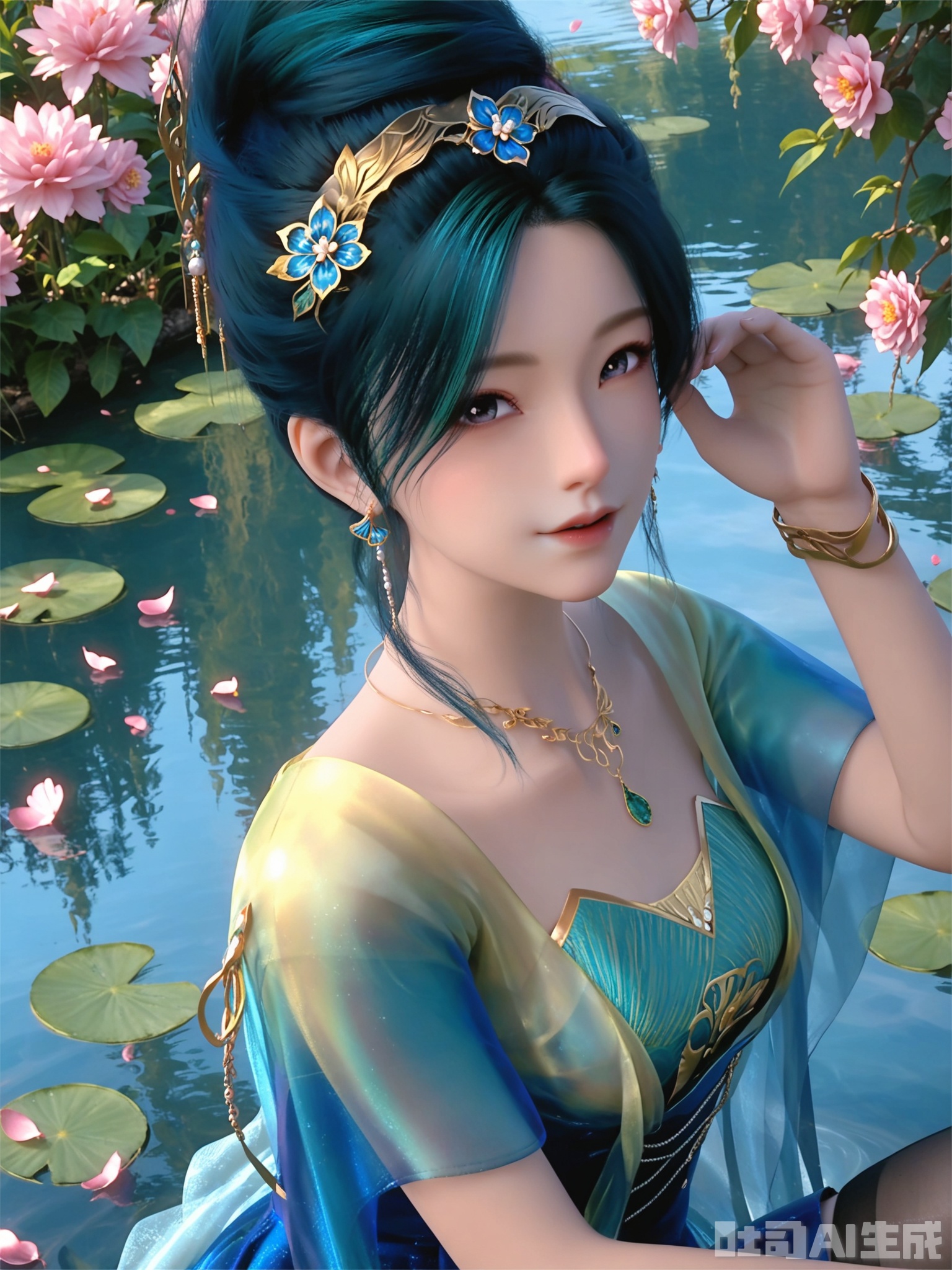 score_9,score_8_up,score_7_up,1girl,looking_at_viewer,realistic,1girl,Vivid Colors,bright environment,delicate water,hair_ornament,shiny skin,reflection,dress,flower sea,falling petals,extreme detail description,(upper body:0.8),put one hand on your side,long_hair,(skindentation:1.3),bright,sunshine on face,light,dress,sitting_down,eyes highlight,thighhighs,petals,