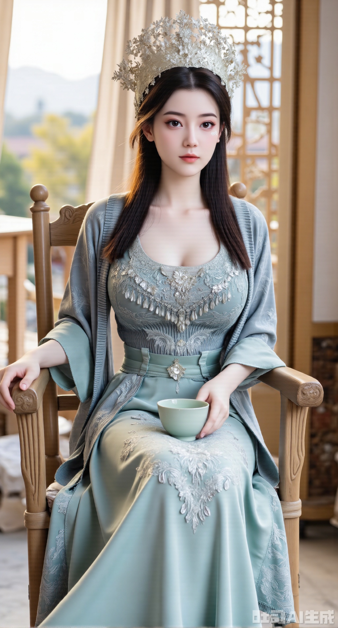 (masterpiece:1.2),best quality,(UE5.5,rendered with Unreal Engine 5,Unreal Engine 5,CG rendering:1.1), A serene and gentle beauty dons a light cyan cross-collar ruqun, the skirt embroidered with bamboo leaves and dewdrops, paired with a mint-green long cape. Sitting on a bamboo rocking chair, she holds a celadon tea cup. Bamboo curtains sway behind her, and distant mountains are veiled in mist. Morning light casts a soft glow on her skirt. Realistic texture of bamboo weaving, glazed luster of celadon, soft draping of fabric, soft morning light representation, cozy atmosphere rendering, fine details of hair and fabric.,(huge breasts:2.99), (full breasts:2.99),,,Xgechuanguangchongstyle,Xyuanxionggirl,Xyunxiao,XyunxiaoYK,Xdixionglianyiqun,Xmiaozufushi