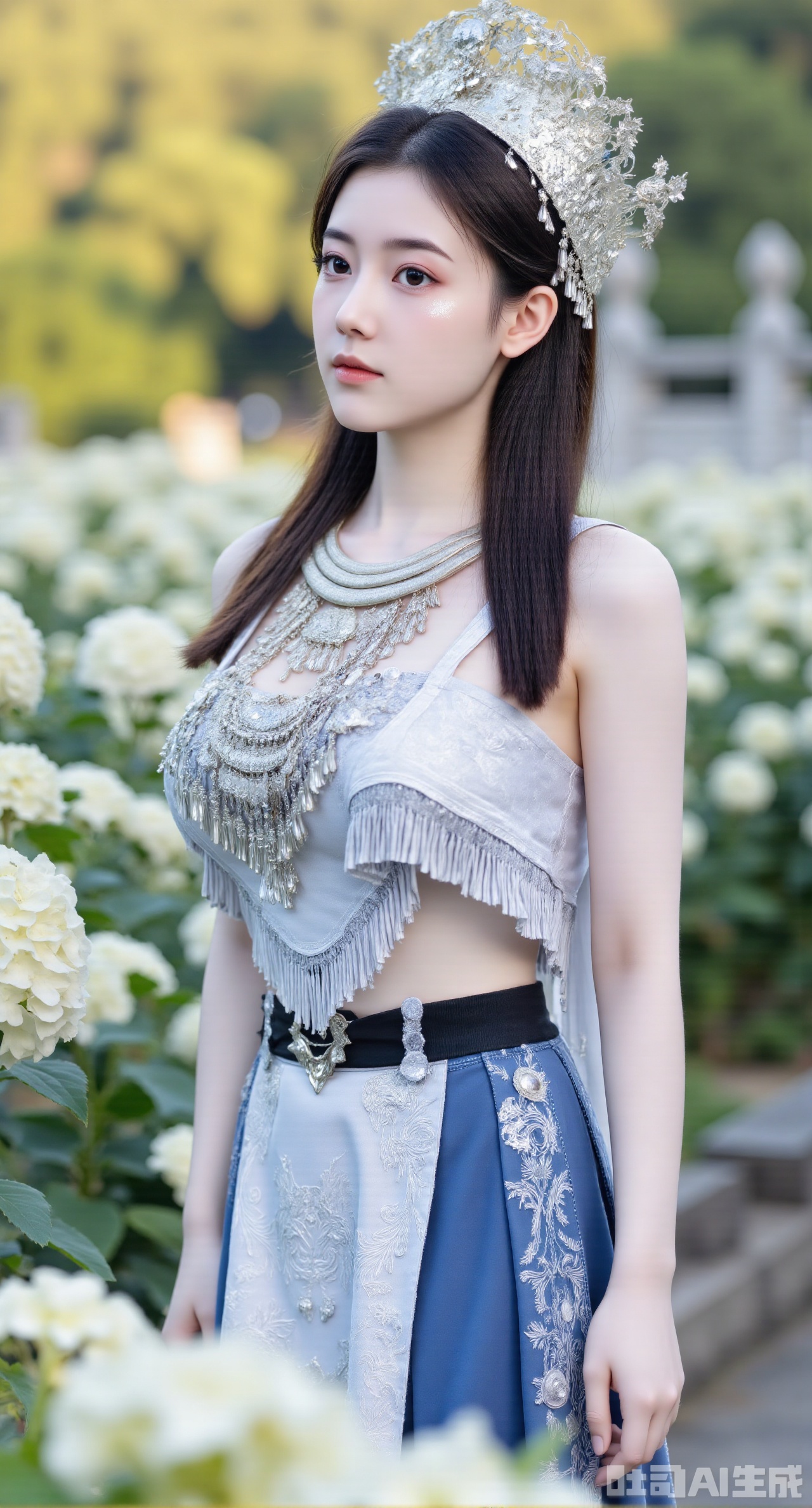(masterpiece:1.2),best quality,absurdres,masterpiece,original,extremely detailed wallpaper,perfect lighting,1girl,solo,looking at viewer,(cowboy_shot:1.3),long hair,high heels,blurry background,depth of field,motion blur,(long dress:1.23),china_dress,chinese_style,bare shouders,crystal_earrings,headpiece,hair_tie,chest_jewel,gem,necklace,jewelry,in summer,day,outdoors,nature,garden,,(standing,Hydrangea, Hydrangea Field:1.69),(huge breasts:2.99),(full breasts:2.99),Xgechuanguangchongstyle,Xyuanxionggirl,Xyunxiao,XyunxiaoYK,Xdixionglianyiqun,Xmiaozufushi