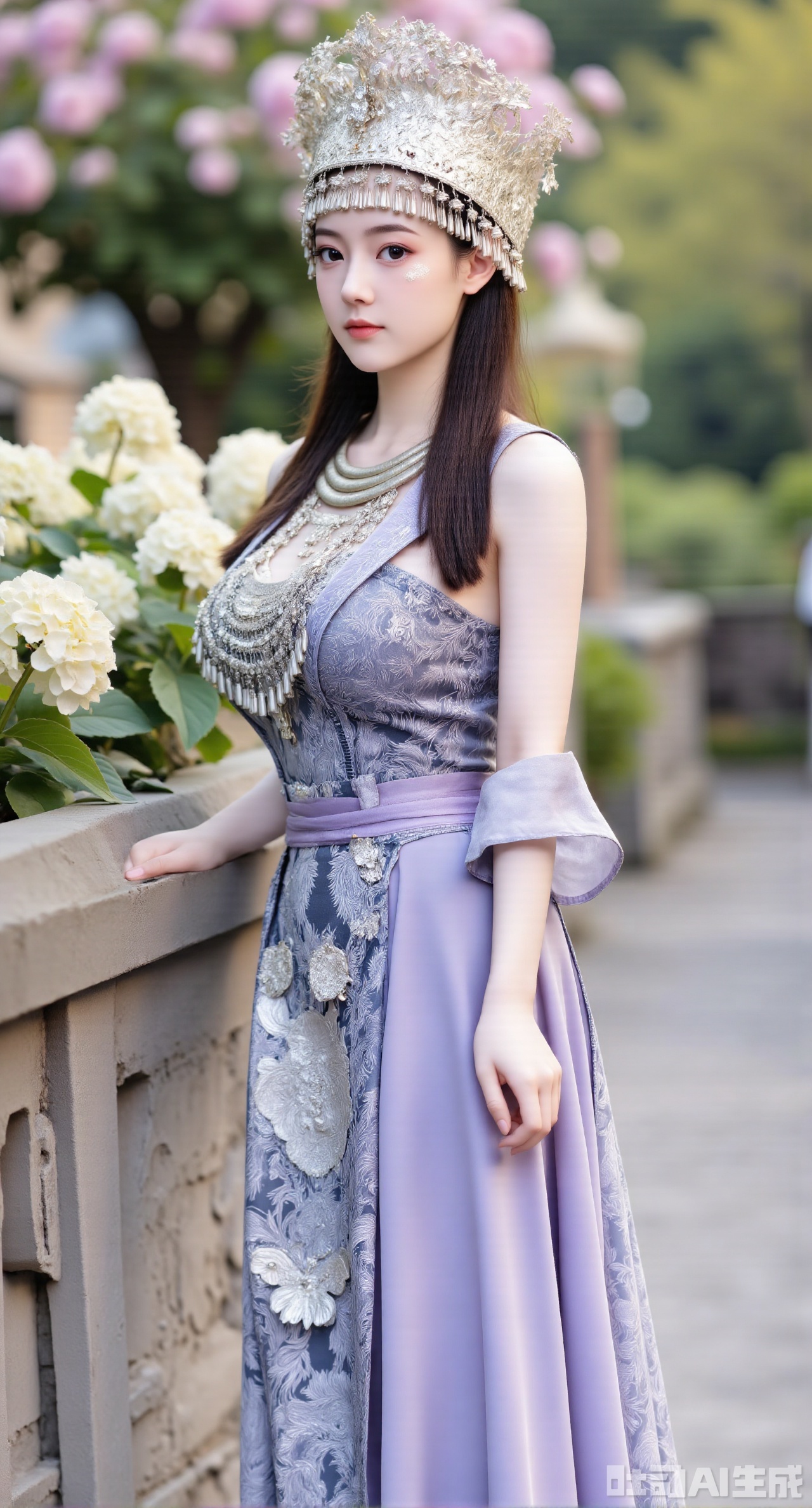 (masterpiece:1.2),best quality,absurdres,masterpiece,original,extremely detailed wallpaper,perfect lighting,1girl,solo,looking at viewer,(cowboy_shot:1.3),long hair,high heels,blurry background,depth of field,motion blur,(long dress:1.23),china_dress,chinese_style,bare shouders,crystal_earrings,headpiece,hair_tie,chest_jewel,gem,necklace,jewelry,in summer,day,outdoors,nature,garden,,(standing,Hydrangea, Hydrangea Field:1.69),(huge breasts:2.99),(full breasts:2.99),Xgechuanguangchongstyle,Xyuanxionggirl,Xyunxiao,XyunxiaoYK,Xdixionglianyiqun,Xmiaozufushi