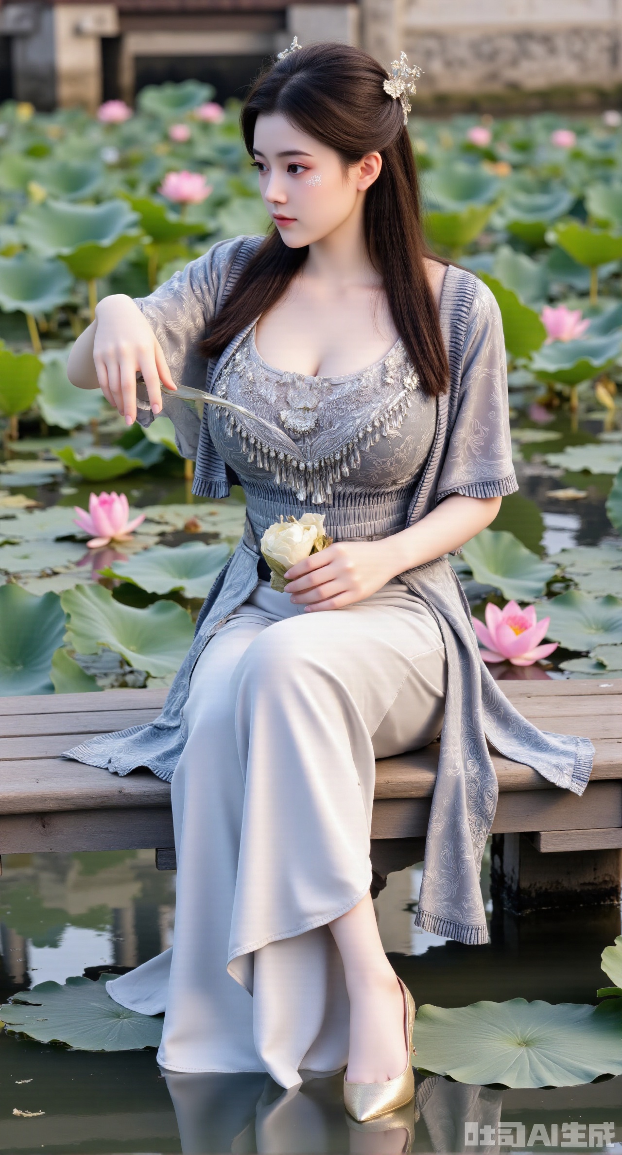 (masterpiece:1.2),best quality,The image is a digital illustration of a young woman sitting on a wooden bench in a pond with lily pads. She is wearing a long dress with design on the chest and sleeves. The dress has a high neckline and short sleeves,Holding a lotus in hand. She has long dark hair styled in loose waves and is wearing gold high heels. The woman is posing with one hand on her hip and the other resting on the edge of the bench. The background is filled with pink and white lotus flowers and green leaves. The overall mood of the image is peaceful and serene,(huge breasts:2.99),(full breasts:2.99),(Background with traditional Chinese architecture, lotus pond and pink lotus flowers:1.39),Xgechuanguangchongstyle,Xyuanxionggirl,Xyunxiao,XyunxiaoYK,Xdixionglianyiqun,Xmiaozufushi
