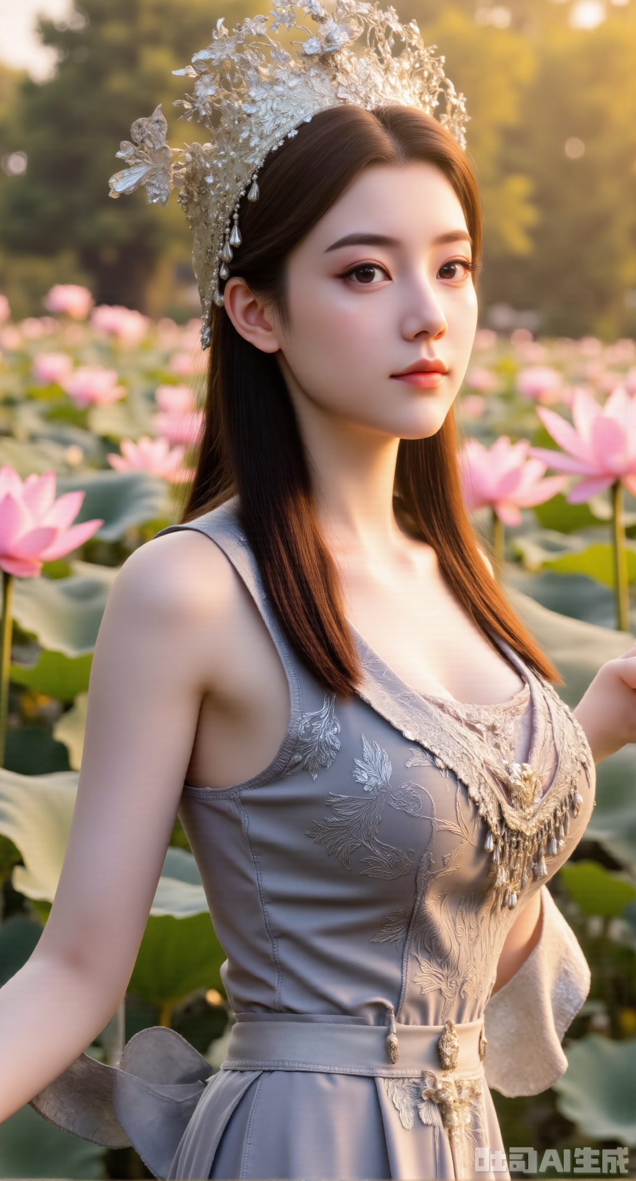 (masterpiece, best quality:1.2), highres, extremely detailed, 1girl,(long dress:1.26),looking at viewer,indoors, (big breasts:2.69),Depth of field,garden of the sun,shiny,flowers, garden, 1girl, (Lotus:1.39), (butterflies, ultra detailed, glary,Light, light particles,glitter,reflect:1.29),Xgechuanguangchongstyle,Xyuanxionggirl,Xyunxiao,XyunxiaoYK,Xdixionglianyiqun,Xmiaozufushi