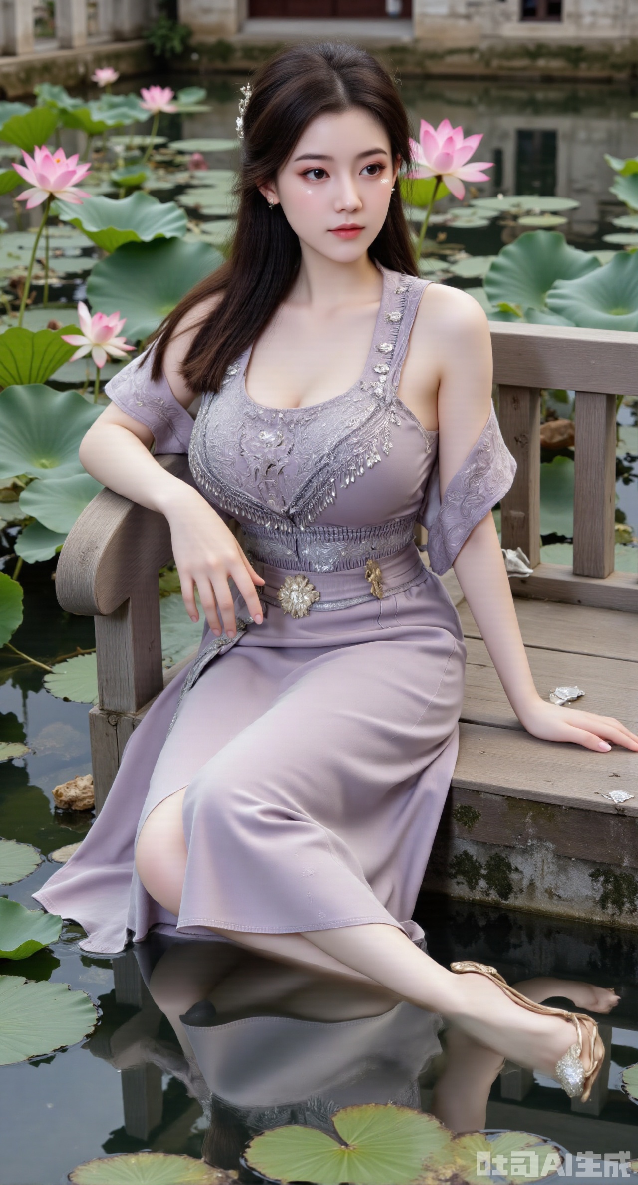 (masterpiece:1.2),best quality,The image is a digital illustration of a young woman sitting on a wooden bench in a pond with lily pads. She is wearing a long dress with design on the chest and sleeves. The dress has a high neckline and short sleeves,Holding a lotus in hand. She has long dark hair styled in loose waves and is wearing gold high heels. The woman is posing with one hand on her hip and the other resting on the edge of the bench. The background is filled with pink and white lotus flowers and green leaves. The overall mood of the image is peaceful and serene,(huge breasts:2.99),(full breasts:2.99),(Background with traditional Chinese architecture, lotus pond and pink lotus flowers:1.39),Xgechuanguangchongstyle,Xyuanxionggirl,Xyunxiao,XyunxiaoYK,Xdixionglianyiqun,Xmiaozufushi