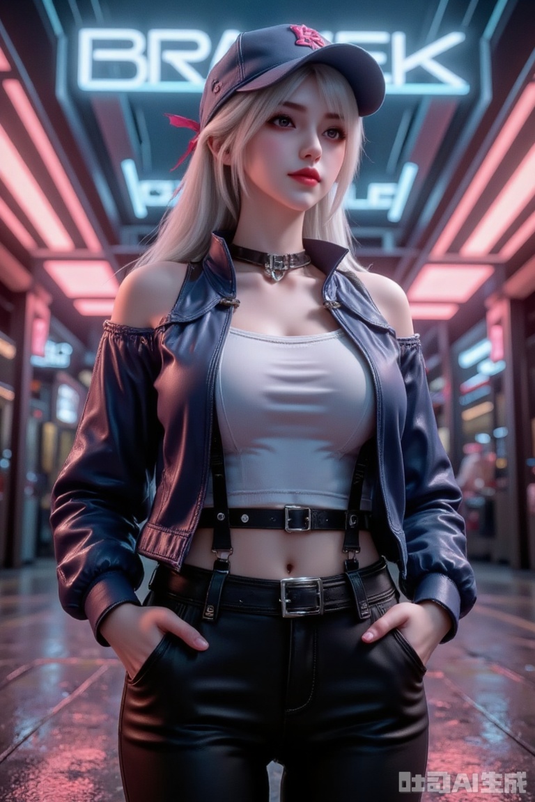 Masterpiece, the best quality, high quality,  huge breasts,,(white hair:1.4),(long legs:1.3),（thin legs：1.4）,masterpiece, best quality, vibrant, very aesthetic, high contrast, semrealistic, newest, scenery, neon rim light, dark, 1girl, medium breasts, wide hips, huge butt, thick thighs, black (lowleg:1.3) leggings, crop top white shirt, (neon suspenders:1.2), dark blue open jacket, off-shoulder, platinum blonde,bob cut, sidelocks over shoulder,cowboy shot,from below, dutch angle, shiny dark eyes,looking away, hands in jacket pockets, oversized baseball cap, chewing gum, face focus, fine fabric emphasis, dynamic walking pose, twisty pose, head tilt, navel, wide shot, shiny skin, cyberpunk, BREAK, eyes, detailed eyes, masterpiece, best quality, amazing quality, very aesthetic, high resolution, ultra-detailed, absurdres, newest, scenery, depth of field, volumetric lighting
