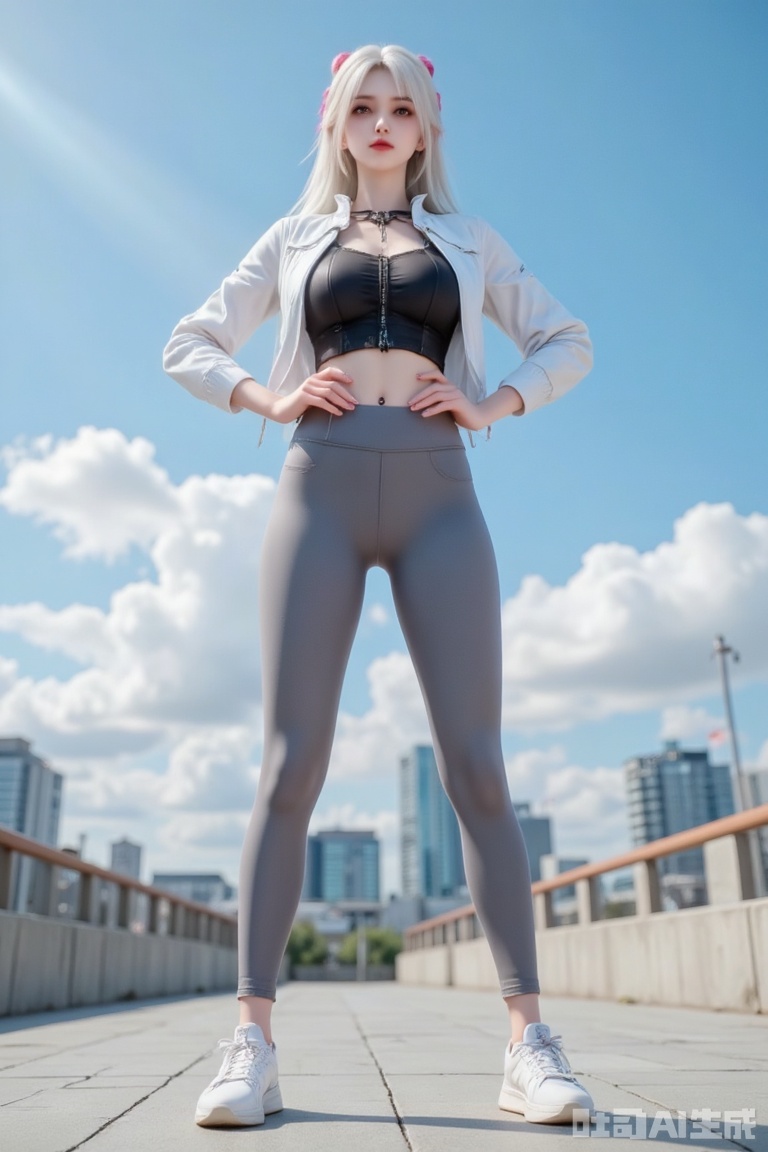 Masterpiece, the best quality, high quality,  small breasts,,(white hair:1.4),(long legs:1.3),1girl, solo, long hair, brown hair, black hair, long sleeves, brown eyes, standing, collarbone, jacket, full body, outdoors, sky, shoes, day, gray yoga pants, lips, sunlight, sneakers, zipper, hands on hips, yoga sports bra, realistic,fullbody