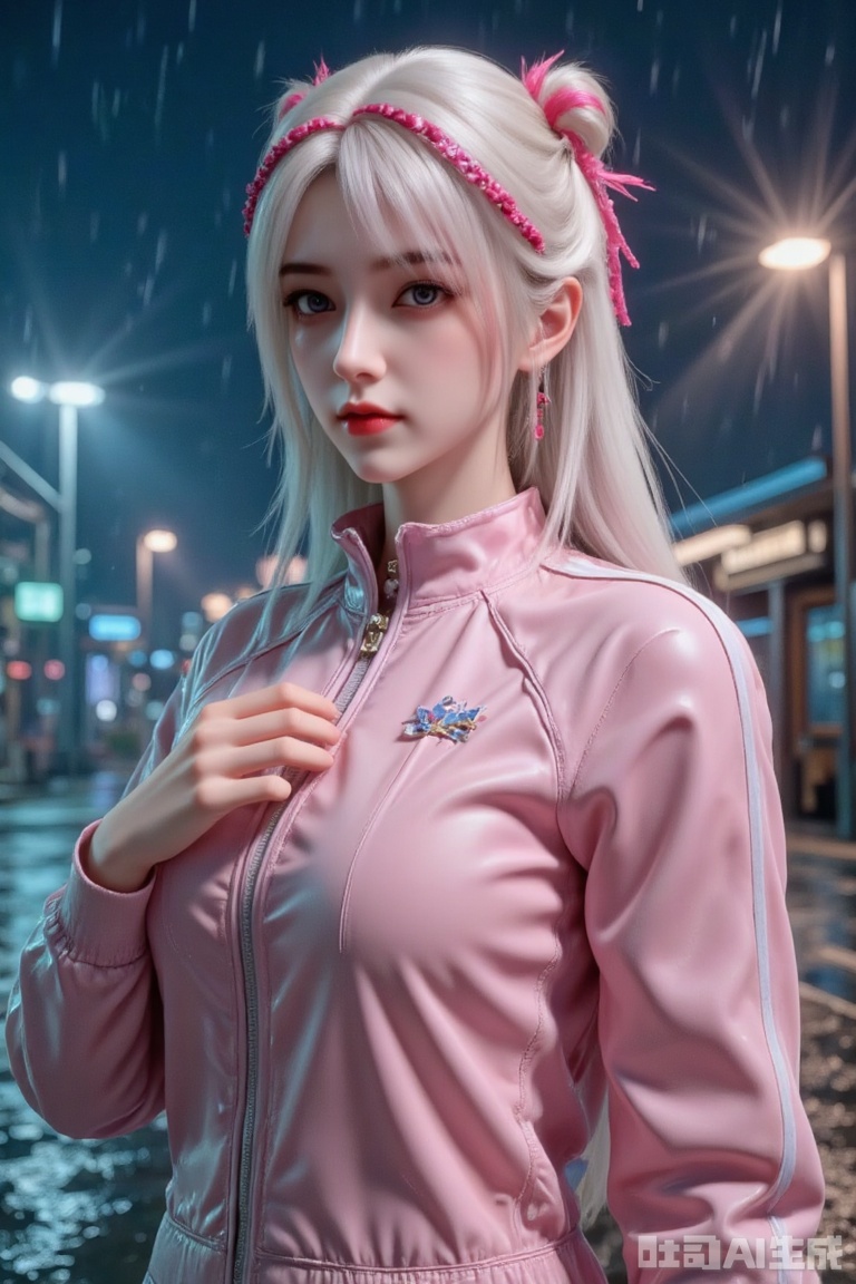 Masterpiece, the best quality, high quality,  huge breasts,,(white hair:1.4),(long legs:1.3),（thin legs：1.4）,1girl, solo, long hair, looking at viewer, bangs, blue eyes, hair ornament, long sleeves, hair between eyes, closed mouth, jacket, upper body, pink hair, outdoors, wet, night, one side up, hand on own chest, ground vehicle, rain, track jacket, wet hair, pink jacket, cube hair ornament, gotou hitori    ,Light, shadow 
,(Murata_Renge:0.8),(reoen1:1),(as109:0.7),(Saebe_Shun:0.7),(akipeko:0.7),(Toronto:0.8),(lineart:0.8),(fuzichoco:0.6),(Mika Pikazo:0.4),(Artist: sheya:0.5),(wlop:0.4),Illustration,Simple Flat Coloring,lightshadow,line art,shadow,masterpiece,best quality,good quality,very aesthetic,A shot with tension,impactful picture,offcial art,movie perspective,masterpiece,facing the lens,best quality,very aesthetic,extremely delicate and beautiful,huge filesize,amazing quality,Blurred foreground,solo_focus,simple_background,depth_of_field,sunlight,reflective,masterful details,intricate details,soothing tones,high contrast,natural skin texture,soft light,sharp,ultra-high resolution,32K UHD,,yswh