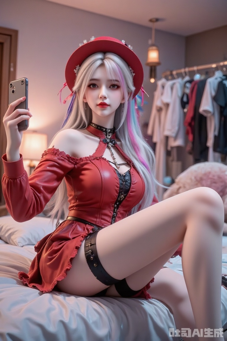 Masterpiece, the best quality, high quality,  huge breasts,,(white hair:1.4),(long legs:1.3),（thin legs：1.4）,Hyacine \(honkai: star rail\),blue hair,pink hair,gradient hair,twintails,bell,red dress,white pantyhose,long sleeves,hat,masterpiece,best quality,high quality,opening eyes,cute,no wearshoes,Stand with your feet facing the audience,white ribbon,hand on chin,wariza,sideways glance,solo focus,sit on the bed,hyacine \(honkai: star rail\), clothes: yunjin,baoshi,lvjing,1girl,solo,red eyes,blunt bangs,long hair,purple hair,black hair,
1girl,breasts,jewelry,phone,earrings,thighhighs,choker,solo,cleavage,cellphone,black choker,holding phone,bare shoulders,holding,smartphone,shirt,garter straps,black thighhighs,off-shoulder shirt,leotard,frills,selfie,collarbone,off shoulder,pink shirt,long sleeves,cross-laced clothes,standing,clothes hanger,closed mouth,cowboy shot,high-waist shorts,thighs,indoors,large breasts,see-through,shorts,medium breasts,
cover,simple background,gradient background,close-up details,outstanding style,adding a touch of dimension to your images without compromising details,