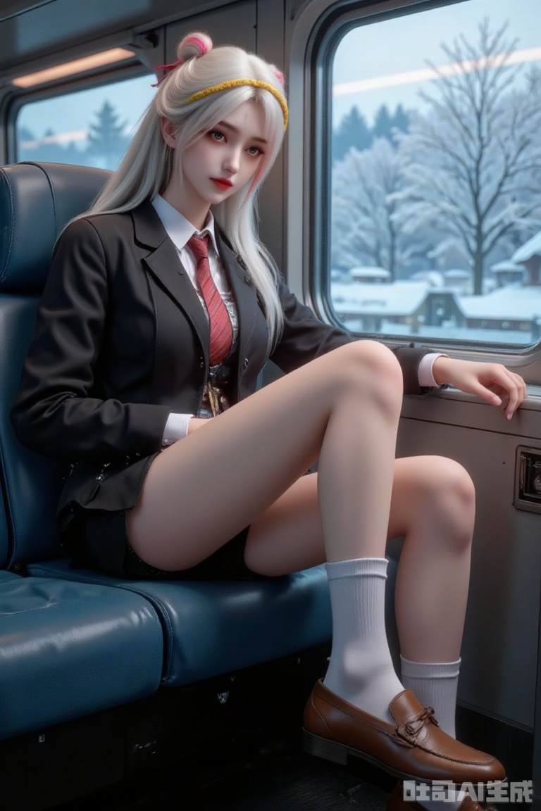 Masterpiece, top quality, high quality, (colorful), huge  chest, (WHITE hair: 1.4),masterpiece,best quality,very aesthetic,
ASIC0601CYQL,line art,ASIC0601CYQL,line art,masterpiece,best quality,very aesthetic,,extremely delicate and beautiful,Noise and grain,huge filesize,amazing quality,clear ,((dynamic pose)), (skinny:1.3),long legs,,(all body) (Show whole body),(all body),Looking at the viewer
1girl,solo,black hair,yellow streaked hair,long hair,antenna hair,crossed bangs,blunt bangs,brown eyes,(tan:1.1),black school blazer,white shirt,red tie,blue serafuku,white sock,brown loafers, \\//, 1girl, solo, \ resting on train seat, forehead against window, \ trans-siberian railway carriage, frosted birch forests, abandoned stations, soviet-era luggage rack, \ blue hour exterior, warm tungsten interior, breath fog on glass, \ nostalgic color science, analog film texture, liminal space poetry