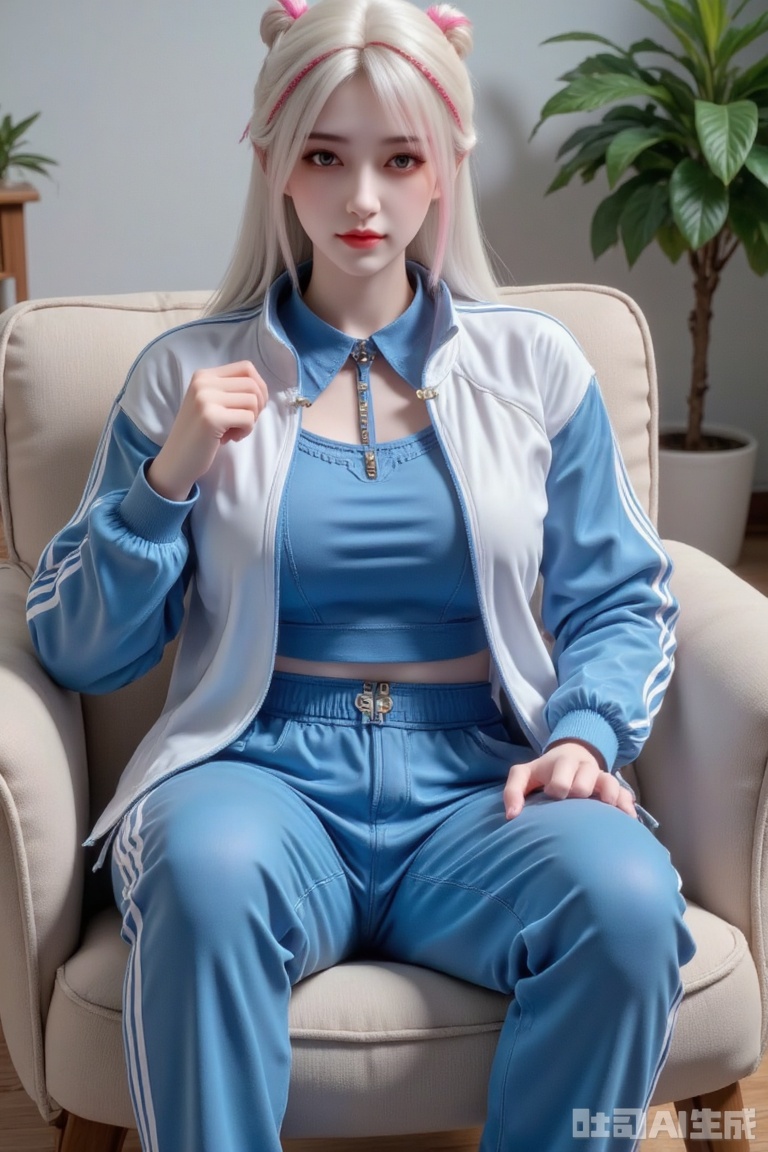 Masterpiece, the best quality, high quality,  small breasts,,(white hair:1.4),(long legs:1.3),The image is a high-quality photograph featuring a young woman, likely in her early twenties, with a fair complexion and long, straight white hair styled in two pigtails. She is seated on a modern, beige fabric chair with a slightly textured surface. The background shows a cozy indoor setting with a wooden floor and a potted plant with green leaves in the corner, adding a touch of nature to the room.The woman is wearing a matching athletic outfit in blue and white, consisting of a zip-up jacket and tracksuit pants. The jacket has a white front panel and blue sleeves with white stripes along the edges, and it is unzipped to reveal a blue collared shirt underneath. Her tracksuit pants are also blue with white stripes down the sides. She is holding the jacket open with her right hand, showing the front panel and the blue shirt underneath. Her left hand is resting on her thigh.The photograph captures her from the waist up, focusing on her outfit and upper body. Her facial features are partially visible, but her expression is neutral, and her eyes are looking slightly downward. The overall atmosphere of the image is casual and relaxed, suggesting a comfortable and homey environment. The lighting is soft and natural, highlighting the colors of her outfit and the textures of the chair and floor.