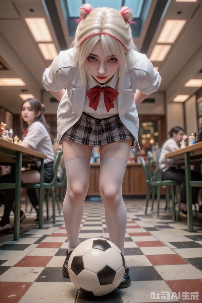 Masterpiece, the best quality, high quality,  small breasts,,(white hair:1.4),(long legs:1.3), 1girl, argyle, argyle_background, argyle_legwear, bangs, bent_over, blunt_bangs, blur_censor, blurry, blurry_background, blurry_foreground, blush, board_game, bowtie, breasts, brown_eyes, cellphone_picture, checkered, checkered_background, checkered_flag, checkered_floor, checkered_kimono, checkered_legwear, checkered_shirt, checkered_skirt, chess_piece, classroom, depth_of_field,  figure, focused, hair_bun, indoors, large_breasts, looking_at_viewer, motion_blur, perspective, photo_\(medium\), plaid, plaid_legwear, pov, race_queen, restaurant, school_uniform, skirt, soccer_ball, solo_focus, table, telstar, thighhighs, thighs, tile_floor, tile_wall, tiles