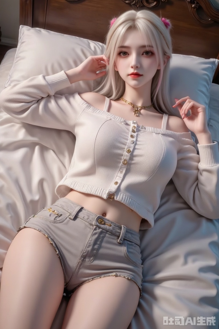 Masterpiece, the best quality, high quality,  huge breasts,,(white hair:1.4),(long legs:1.3),（thin legs：1.4）,(fully body:1.4),High quality, masterpiece, Portrait,cinematic texture,1girl,juru2,sexy_sweater, navel,necklace,Off shoulder,lying on bed,
