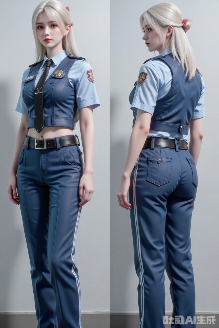 Masterpiece, the best quality, high quality,  small breasts,,(white hair:1.4),(long legs:1.3),,1girl, breasts, long hair, shirt, sweat, necktie, belt, pants, armpits, uniform, multiple views, watermark, vest, blue shirt, black belt, blue pants, police, police uniform, policewoman