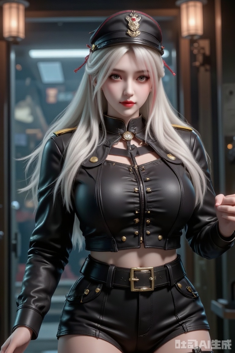 Masterpiece, the best quality, high quality,  huge breasts,,(white hair:1.4),(long legs:1.3),（thin legs：1.4）,1 girl dressed in the Kaiserlich Deutsche Marine (Kaisertum REICH) military uniform, 
complete with crisp details and a tiny cap. 
The uniform is rendered in exacting detail,
illuminating her determined expression.
,8K,huge Breasts,voluptuous,curvy,full-figured,generous cleavage,charming legs,skins,pifu,A real photo,small droplets,wanghong