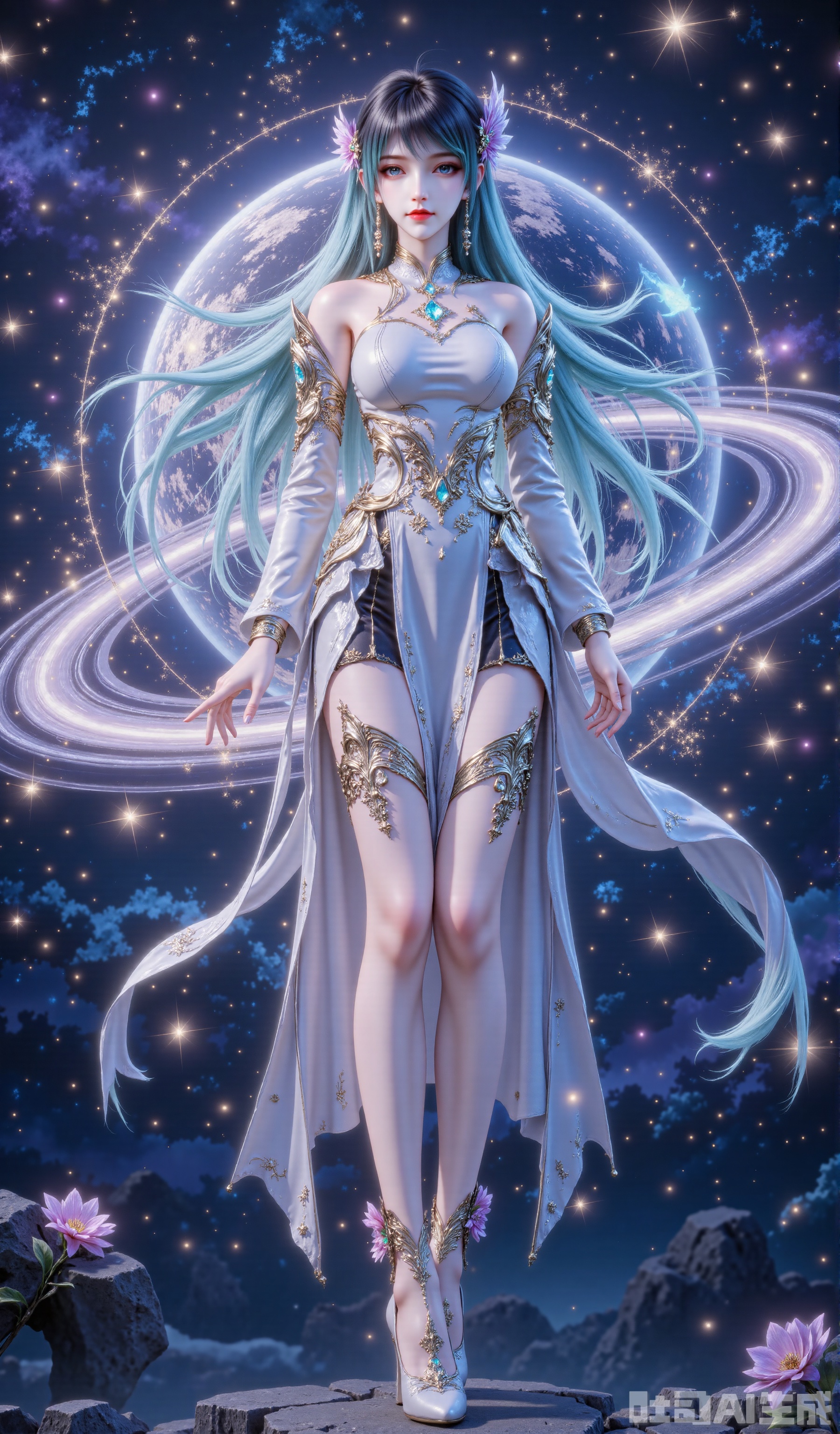 A girl in the center of the picture, masterpiece, 8k quality. Looking at the camera, close-up of the whole body. Super long legs, high heels, flowers tied on her ankles, and the soles of the shoes are glowing. Behind the beauty is a ringed planet, similar to Saturn, the surface of the planet has delicate glitter texture, the ring-shaped structure is gradually changed and covered with fine light spots. Surrounded by a large number of bokeh spots, the colors are blue, purple and pink, creating a sparkling and ethereal healing atmosphere. The overall texture is like a brilliant crystal ball, with a symmetrical composition in the center, which enhances the dream focus.,1