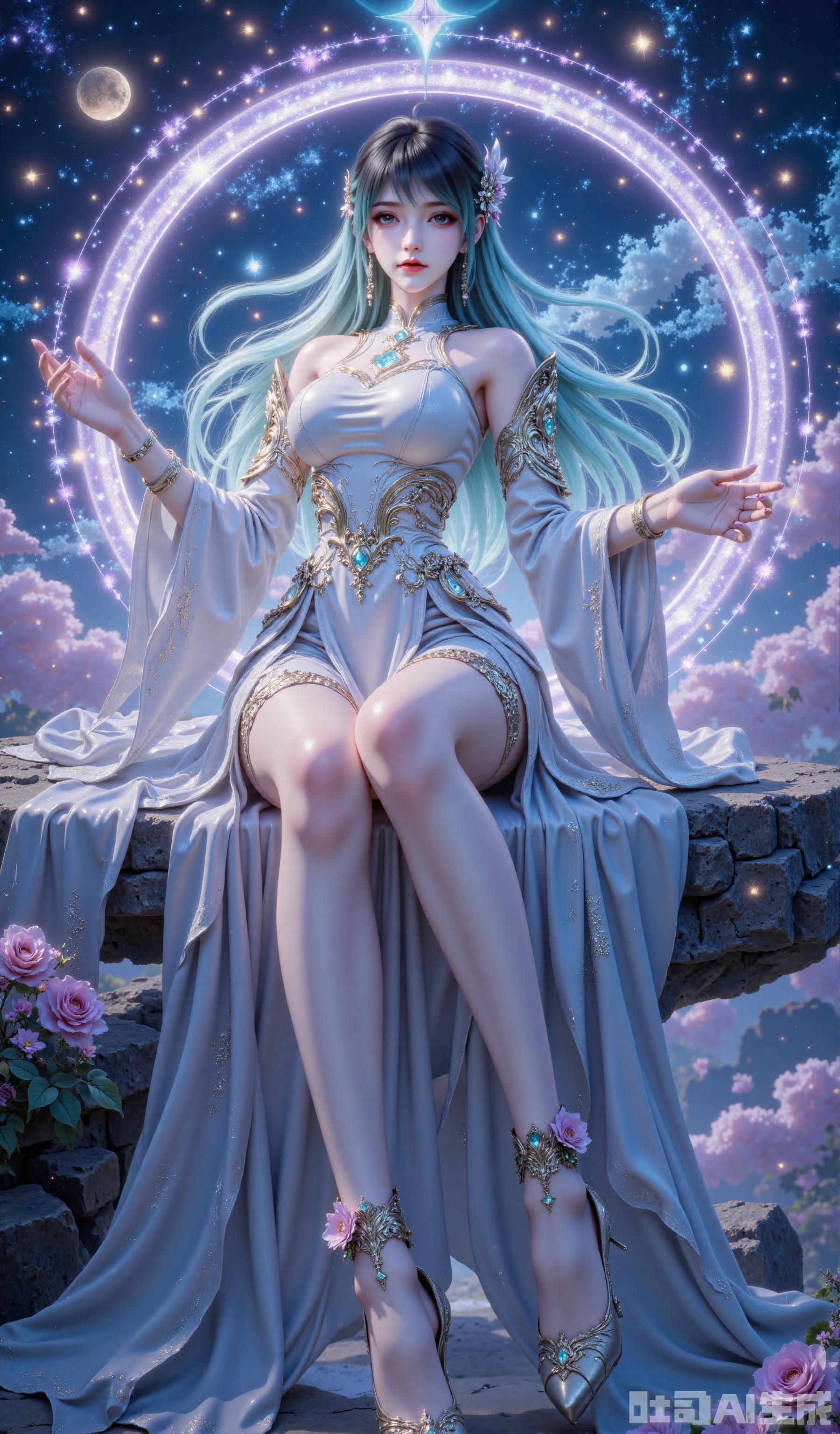A girl in the center of the picture, masterpiece, 8k quality. Looking at the camera, close-up of the whole body. Super long legs, high heels, flowers tied on her ankles, and the soles of the shoes are glowing. Behind the beauty is a ringed planet, similar to Saturn, the surface of the planet has delicate glitter texture, the ring-shaped structure is gradually changed and covered with fine light spots. Surrounded by a large number of bokeh spots, the colors are blue, purple and pink, creating a sparkling and ethereal healing atmosphere. The overall texture is like a brilliant crystal ball, with a symmetrical composition in the center, which enhances the dream focus.,1