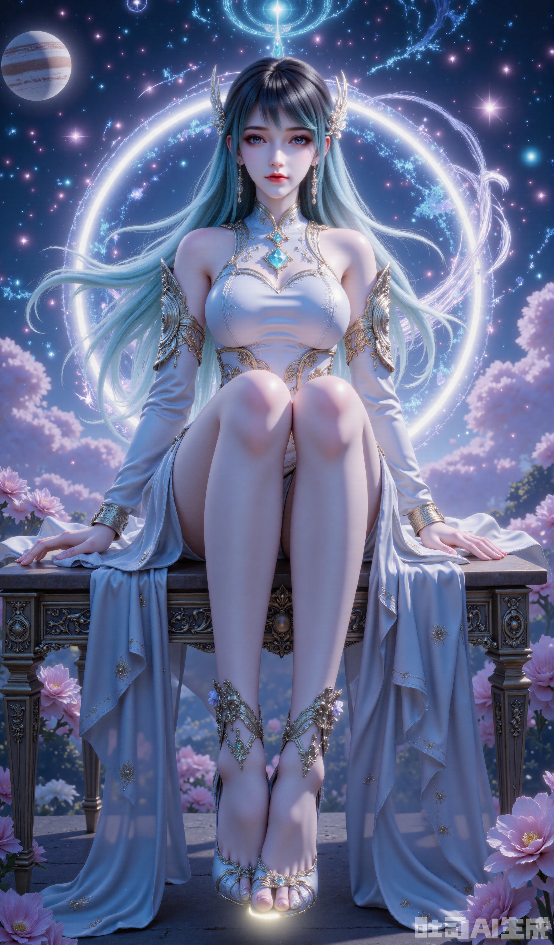 A girl in the center of the picture, masterpiece, 8k quality. Looking at the camera, close-up of the whole body. Super long legs, high heels, flowers tied on her ankles, and the soles of the shoes are glowing. Behind the beauty is a ringed planet, similar to Saturn, the surface of the planet has delicate glitter texture, the ring-shaped structure is gradually changed and covered with fine light spots. Surrounded by a large number of bokeh spots, the colors are blue, purple and pink, creating a sparkling and ethereal healing atmosphere. The overall texture is like a brilliant crystal ball, with a symmetrical composition in the center, which enhances the dream focus.,1