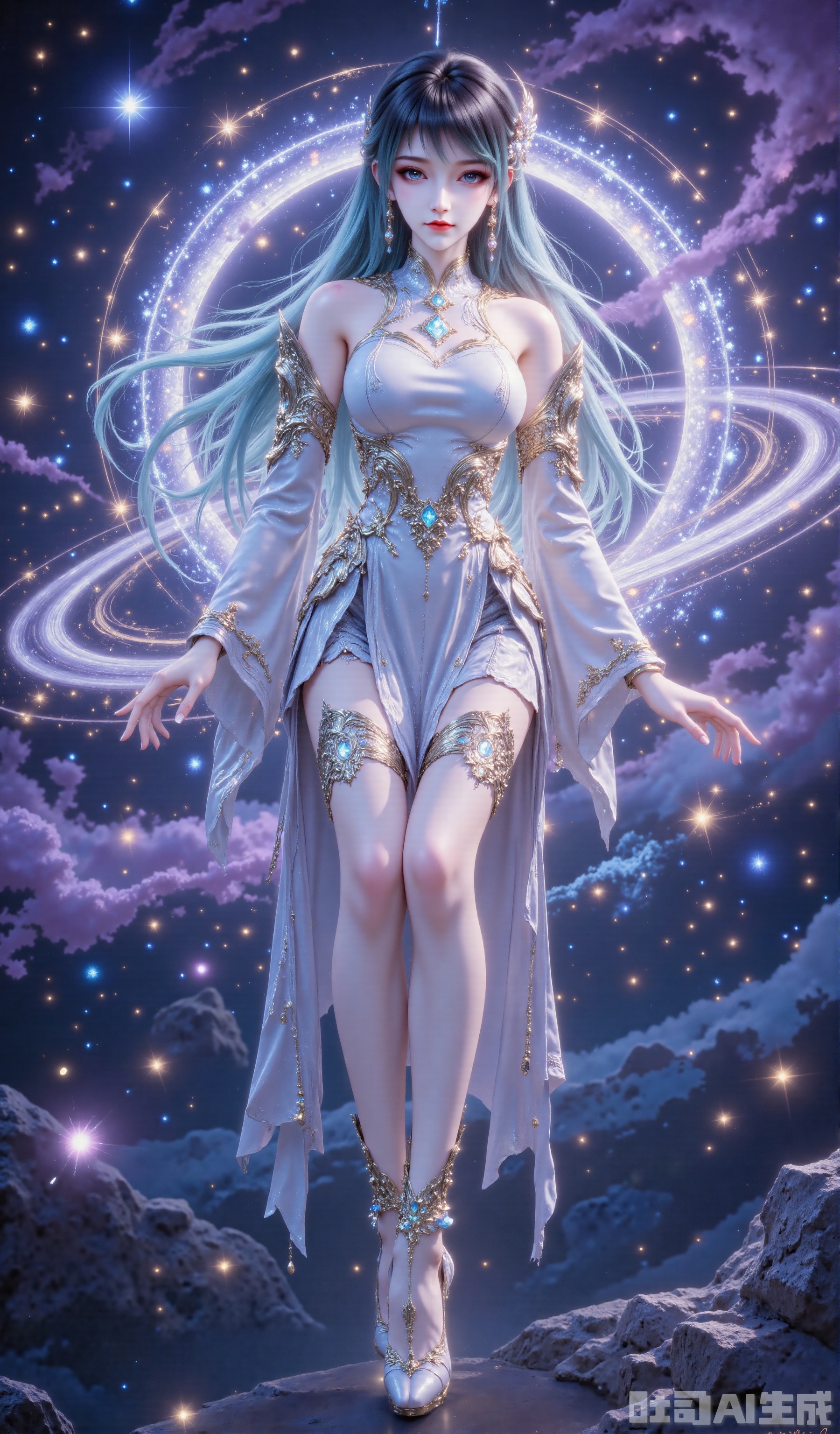 A girl in the center of the picture, masterpiece, 8k quality. Looking at the camera, close-up of the whole body. Super long legs, high heels, flowers tied on her ankles, and the soles of the shoes are glowing. Behind the beauty is a ringed planet, similar to Saturn, the surface of the planet has delicate glitter texture, the ring-shaped structure is gradually changed and covered with fine light spots. Surrounded by a large number of bokeh spots, the colors are blue, purple and pink, creating a sparkling and ethereal healing atmosphere. The overall texture is like a brilliant crystal ball, with a symmetrical composition in the center, which enhances the dream focus.,1