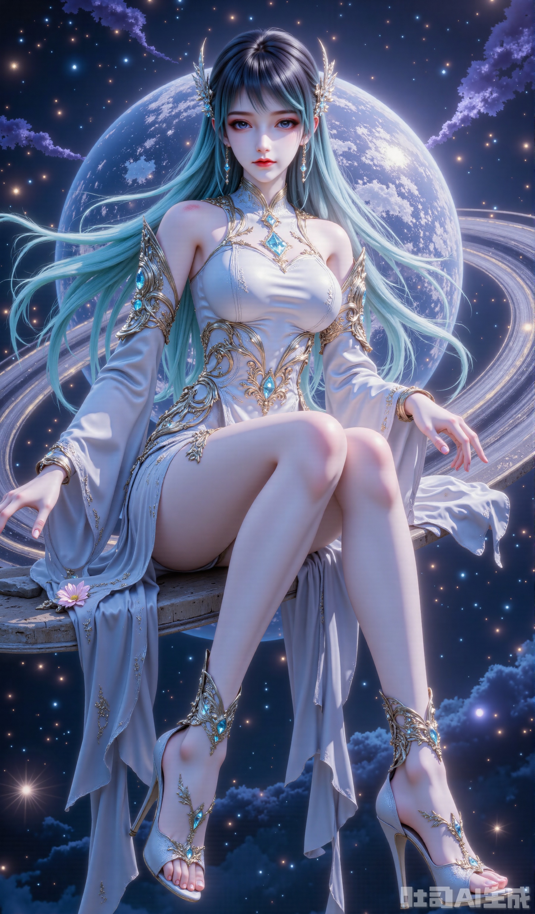 A girl in the center of the picture, masterpiece, 8k quality. Looking at the camera, close-up of the whole body. Super long legs, high heels, flowers tied on her ankles, and the soles of the shoes are glowing. Behind the beauty is a ringed planet, similar to Saturn, the surface of the planet has delicate glitter texture, the ring-shaped structure is gradually changed and covered with fine light spots. Surrounded by a large number of bokeh spots, the colors are blue, purple and pink, creating a sparkling and ethereal healing atmosphere. The overall texture is like a brilliant crystal ball, with a symmetrical composition in the center, which enhances the dream focus.,1