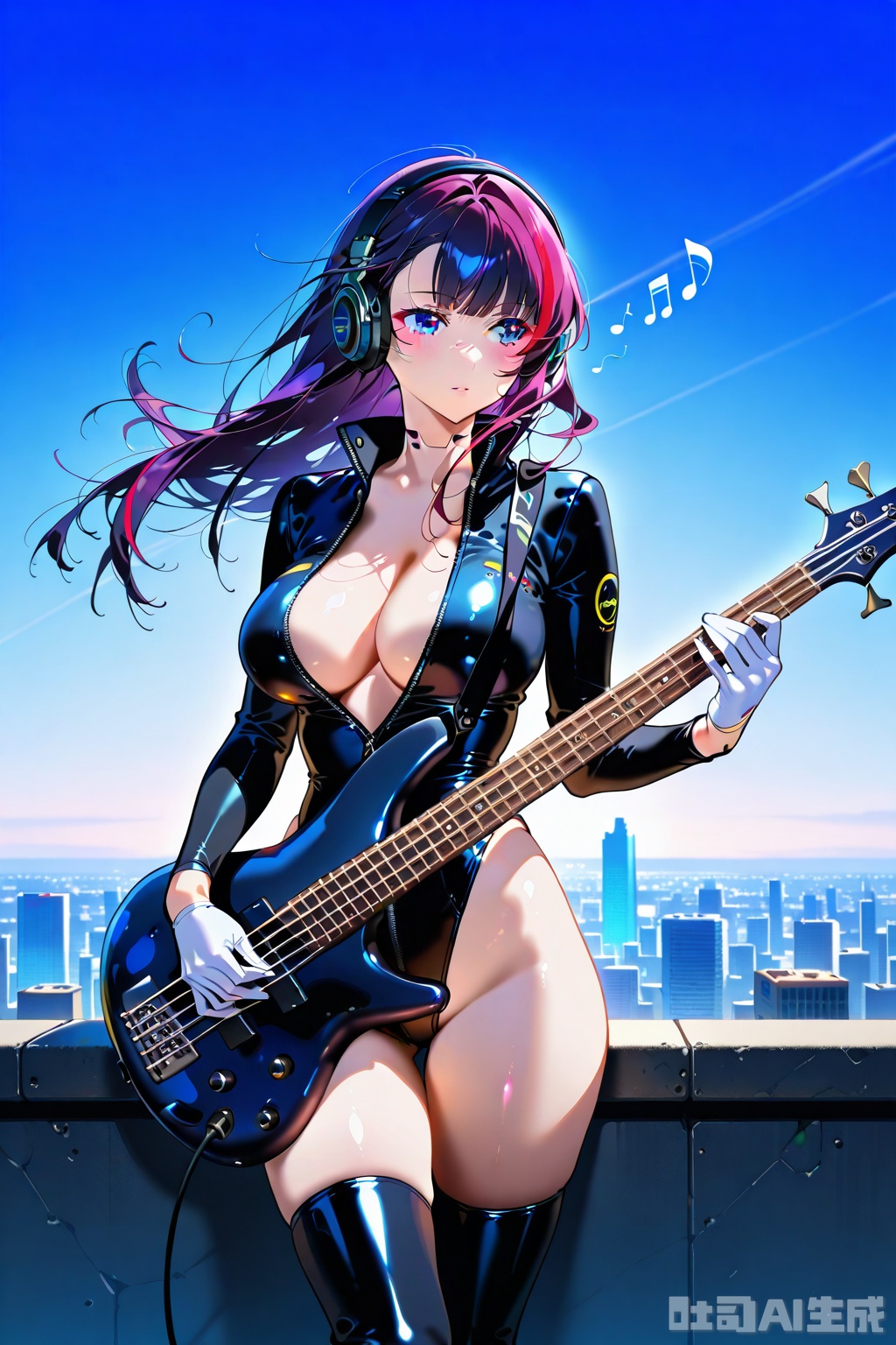(1woman playing bass guitar),solo,standing,dynamic pose,dynamic front,beautiful eyes,wind,big breasts,streaked long hair,glossy leather long Sleeve,Open collar,shiny sliver bare hip unzipped cutouts on sides leotard,white gloves,lovestruck,headphone,thighboots,swirling musical notes,cityscape,horizon,cyberpunk,textures,detailed texture,very detailed face,masterpiece,best quality,good quality,very aesthetic,newest,
artist:yoneyama mai