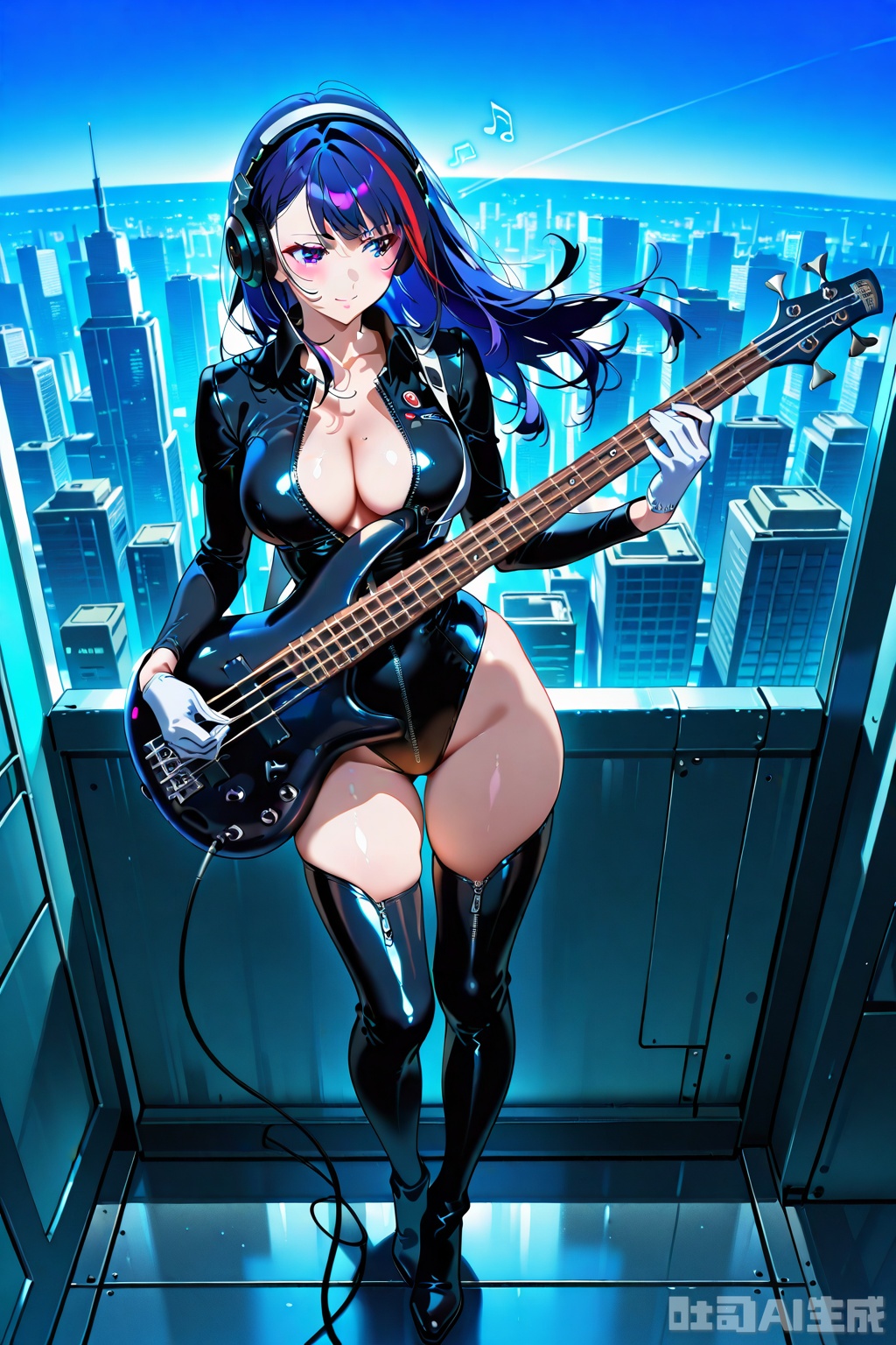 (1woman playing bass guitar),solo,standing,dynamic pose,dynamic front,beautiful eyes,wind,big breasts,streaked long hair,glossy leather long Sleeve,Open collar,shiny sliver bare hip unzipped cutouts on sides leotard,white gloves,lovestruck,headphone,thighboots,swirling musical notes,cityscape,horizon,cyberpunk,textures,detailed texture,very detailed face,masterpiece,best quality,good quality,very aesthetic,newest,
artist:yoneyama mai
