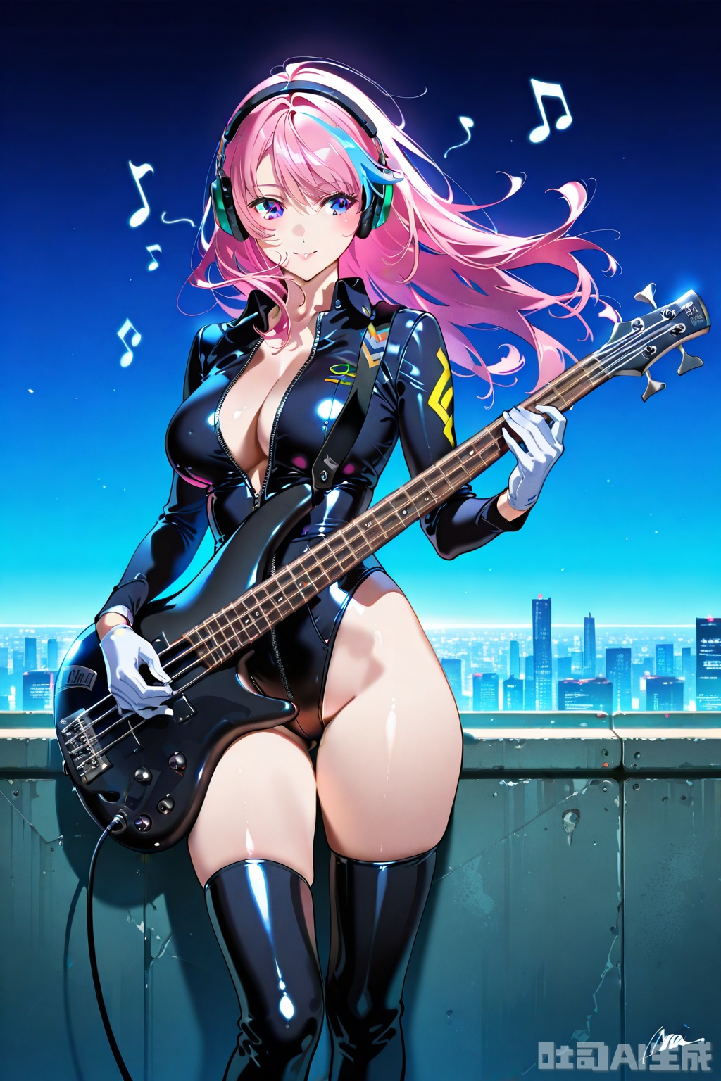 (1woman playing bass guitar),solo,standing,dynamic pose,dynamic front,beautiful eyes,wind,big breasts,streaked long hair,glossy leather long Sleeve,Open collar,shiny sliver bare hip unzipped cutouts on sides leotard,white gloves,lovestruck,headphone,thighboots,swirling musical notes,cityscape,horizon,cyberpunk,textures,detailed texture,very detailed face,masterpiece,best quality,good quality,very aesthetic,newest,
artist:yoneyama mai
