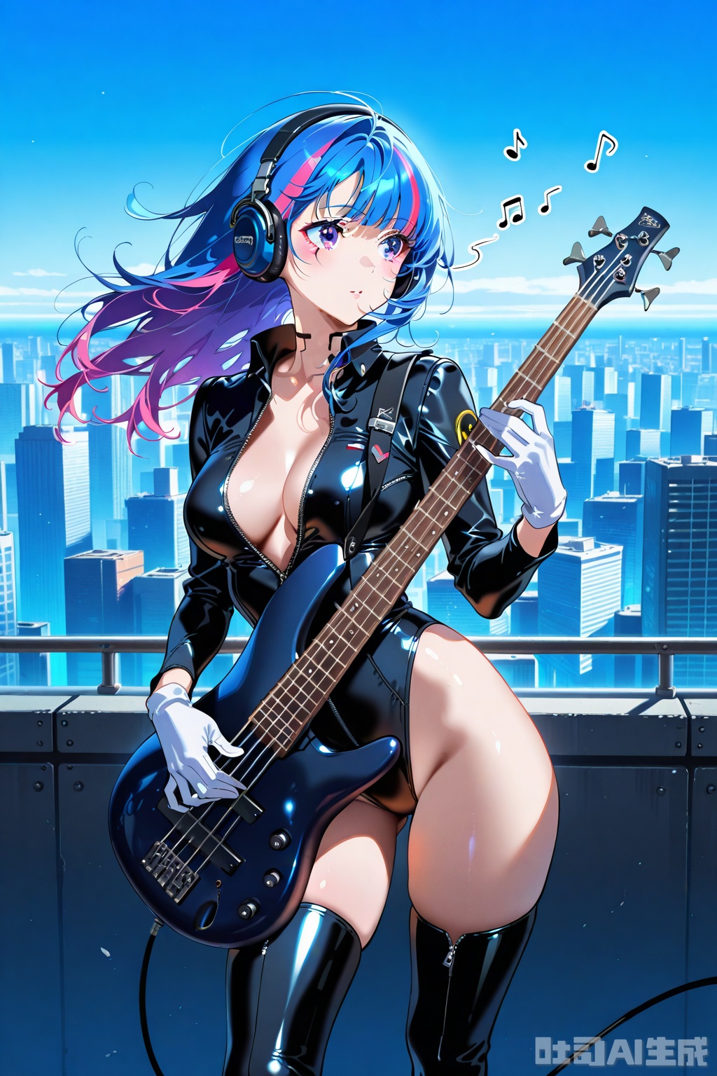 (1woman playing bass guitar),solo,standing,dynamic pose,dynamic front,beautiful eyes,wind,streaked long hair,glossy leather long Sleeve,Open collar,shiny sliver bare hip unzipped cutouts on sides leotard,white gloves,lovestruck,headphone,thighboots,swirling musical notes,cityscape,horizon,cyberpunk,textures,detailed texture,very detailed face,masterpiece,best quality,good quality,very aesthetic,newest,
artist:yoneyama mai
