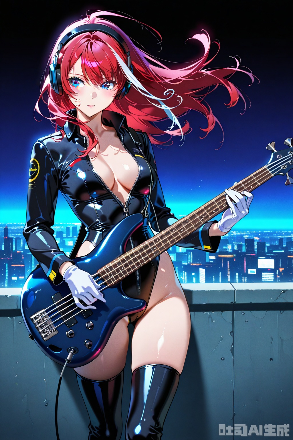 (1woman playing bass guitar),solo,standing,dynamic pose,dynamic front,beautiful eyes,wind,streaked long hair,glossy leather long Sleeve,Open collar,shiny sliver bare hip unzipped cutouts on sides leotard,white gloves,lovestruck,headphone,thighboots,swirling musical notes,cityscape,horizon,cyberpunk,textures,detailed texture,very detailed face,masterpiece,best quality,good quality,very aesthetic,newest,
artist:yoneyama mai