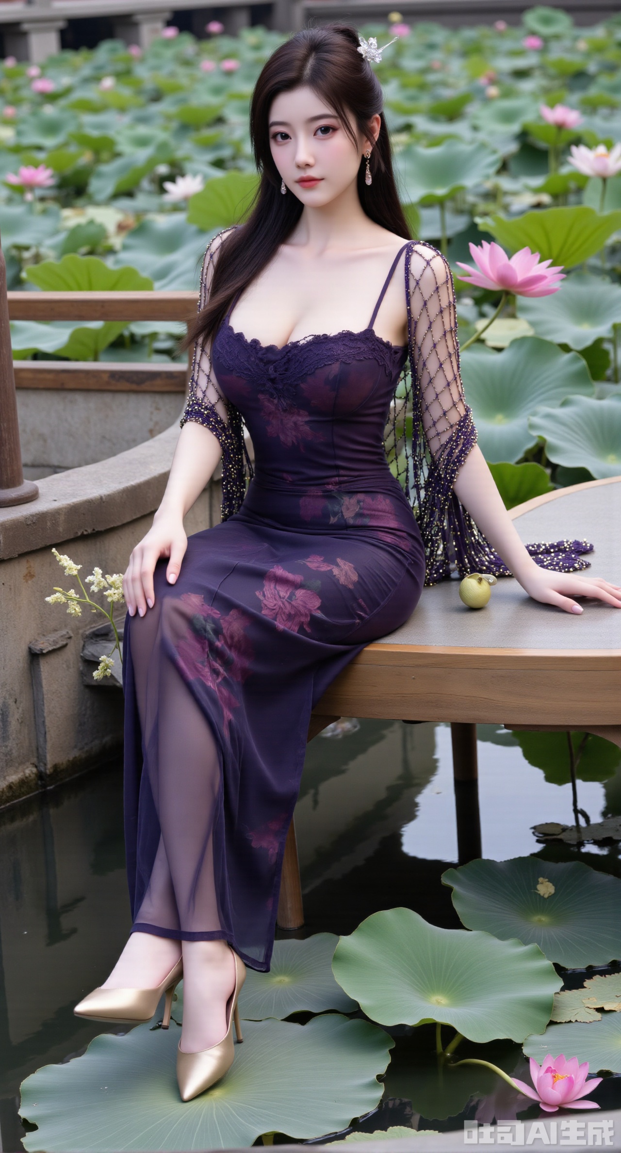 (masterpiece:1.2),best quality,The image is a digital illustration of a young woman sitting on a wooden bench in a pond with lily pads. She is wearing a long dress with design on the chest and sleeves. The dress has a high neckline and short sleeves,Holding a lotus in hand. She has long dark hair styled in loose waves and is wearing gold high heels. The woman is posing with one hand on her hip and the other resting on the edge of the bench. The background is filled with pink and white lotus flowers and green leaves. The overall mood of the image is peaceful and serene,(huge breasts:2.99),(full breasts:2.99),(Background with traditional Chinese architecture, lotus pond and pink lotus flowers:1.39),Xgechuanguangchongstyle,Xyuanxionggirl,Xyunxiao,XyunxiaoYK,Xdixionglianyiqun,Xmiaozufushi