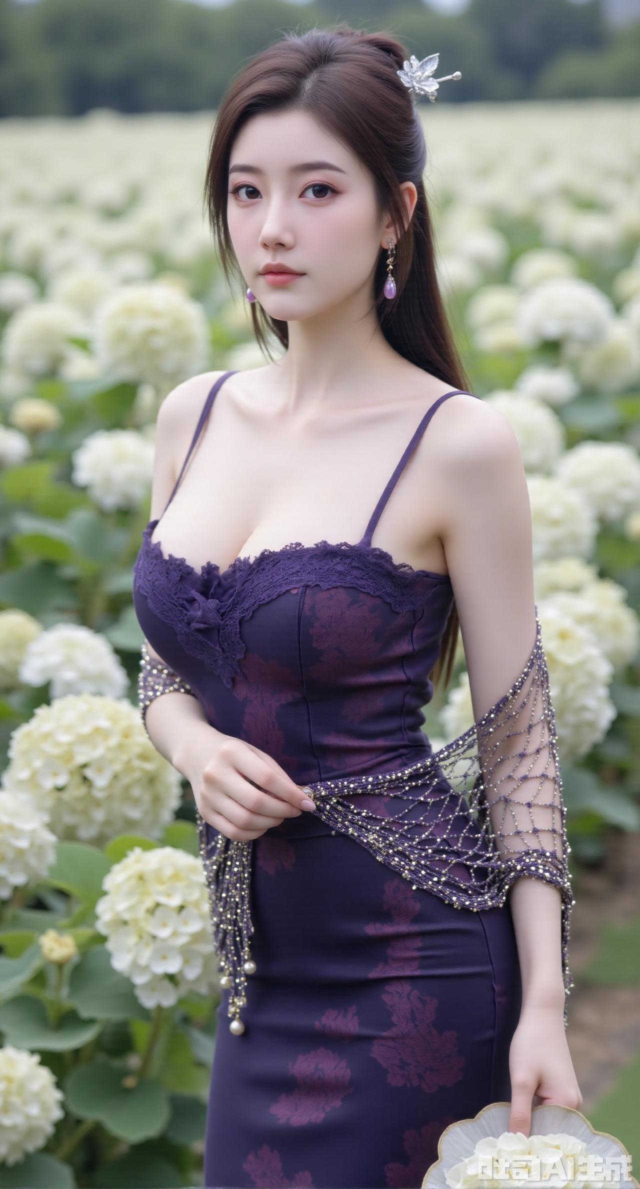 (masterpiece:1.2),best quality,absurdres,masterpiece,original,extremely detailed wallpaper,perfect lighting,1girl,solo,looking at viewer,(cowboy_shot:1.3),long hair,high heels,blurry background,depth of field,motion blur,(long dress:1.23),china_dress,chinese_style,bare shouders,crystal_earrings,headpiece,hair_tie,chest_jewel,gem,necklace,jewelry,in summer,day,outdoors,nature,garden,,(standing,Hydrangea, Hydrangea Field:1.69),(huge breasts:2.99),(full breasts:2.99),Xgechuanguangchongstyle,Xyuanxionggirl,Xyunxiao,XyunxiaoYK,Xdixionglianyiqun,Xmiaozufushi