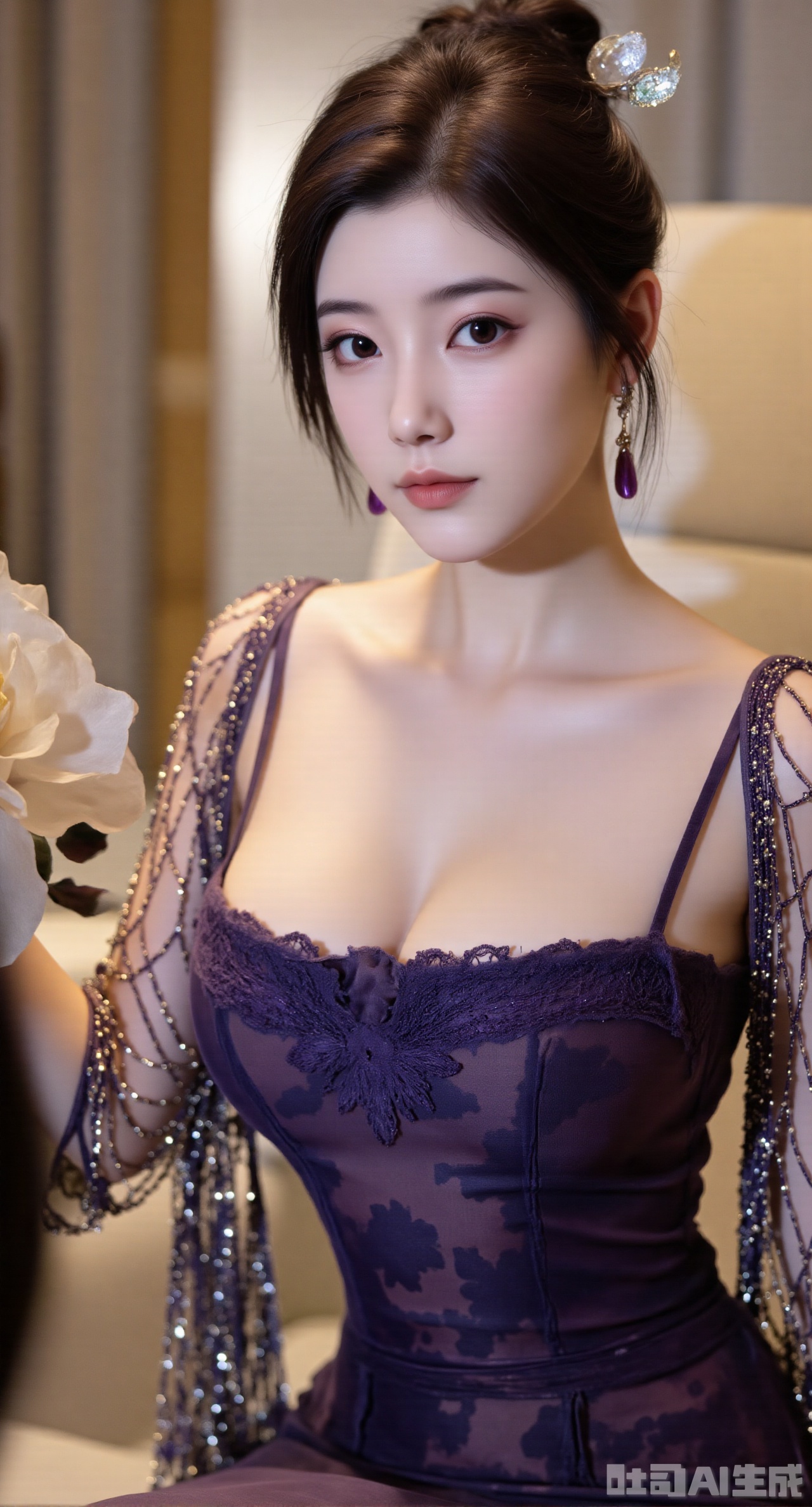 (masterpiece, best quality:1.2), highres, extremely detailed, 1girl,(long dress:1.26),looking at viewer,indoors, (big breasts:2.69),Depth of field,garden of the sun,shiny,flowers, garden, 1girl, (Lotus:1.39), (butterflies, ultra detailed, glary,Light, light particles,glitter,reflect:1.29),Xgechuanguangchongstyle,Xyuanxionggirl,Xyunxiao,XyunxiaoYK,Xdixionglianyiqun,Xmiaozufushi