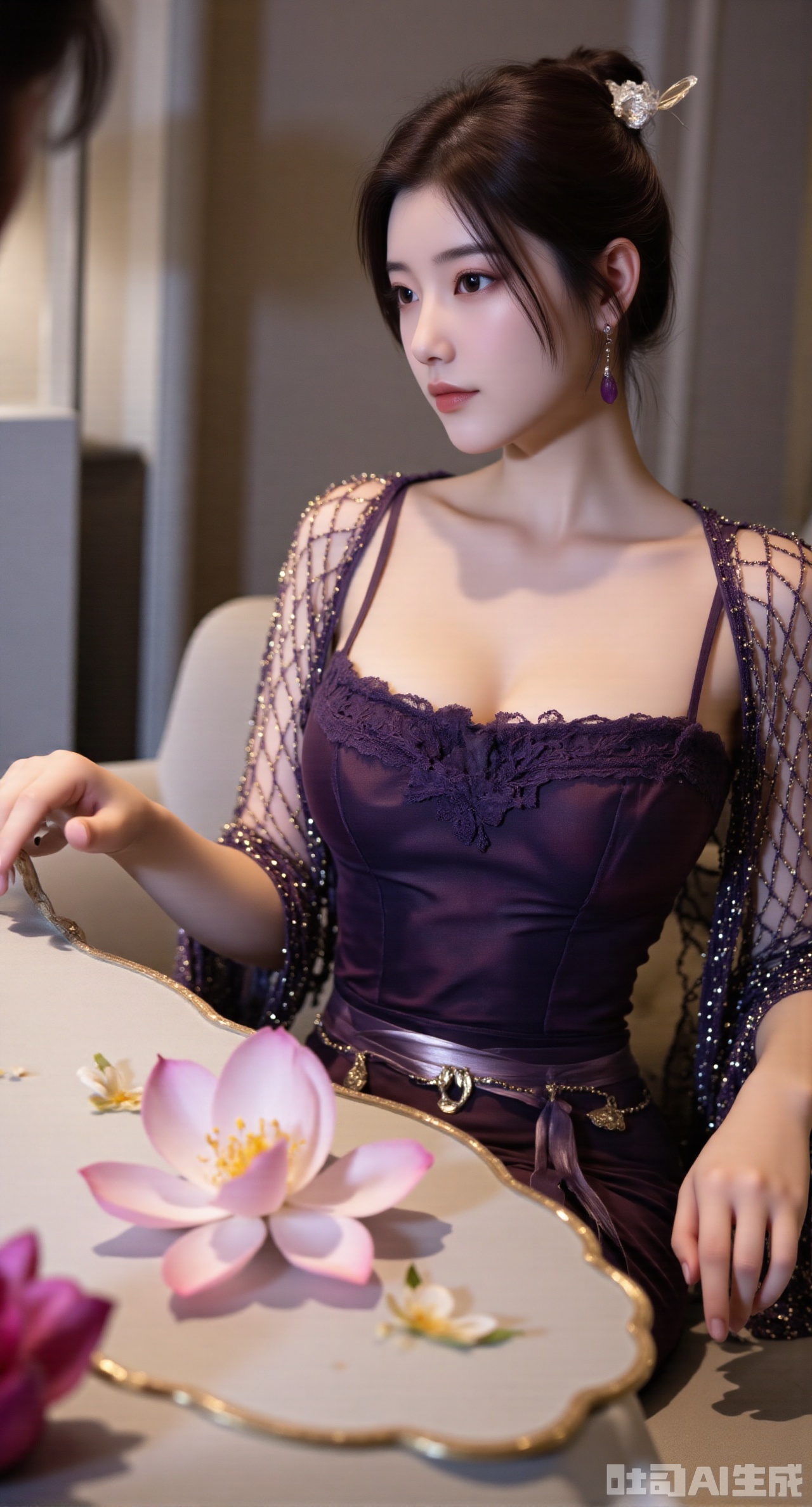 (masterpiece, best quality:1.2), highres, extremely detailed, 1girl,(long dress:1.26),looking at viewer,indoors, (big breasts:2.69),Depth of field,garden of the sun,shiny,flowers, garden, 1girl, (Lotus:1.39), (butterflies, ultra detailed, glary,Light, light particles,glitter,reflect:1.29),Xgechuanguangchongstyle,Xyuanxionggirl,Xyunxiao,XyunxiaoYK,Xdixionglianyiqun,Xmiaozufushi