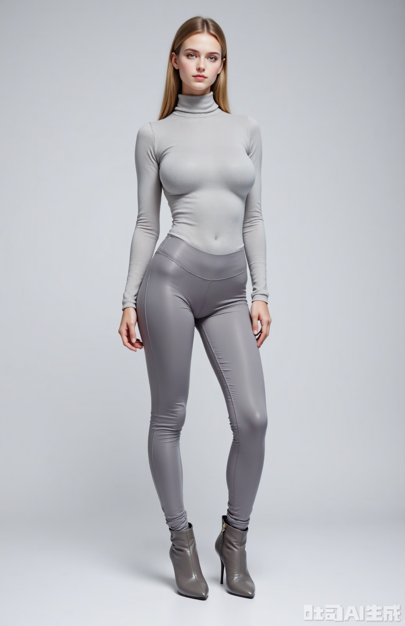 The image depicts a young woman standing in a neutral, gradient background. She is wearing a fitted, long-sleeved turtleneck sweater in a light gray color, which is ribbed and has a subtle texture. The sweater is paired with high-waisted, form-fitting gray leggings that extend down to her ankles. She is also wearing high-heeled, closed-toe boots that match the color of her outfit. Her hair is styled in a sleek, straight ponytail, and she has a neutral expression on her face. The overall look is modern and minimalistic, with a focus on the outfit's clean lines and neutral tones.