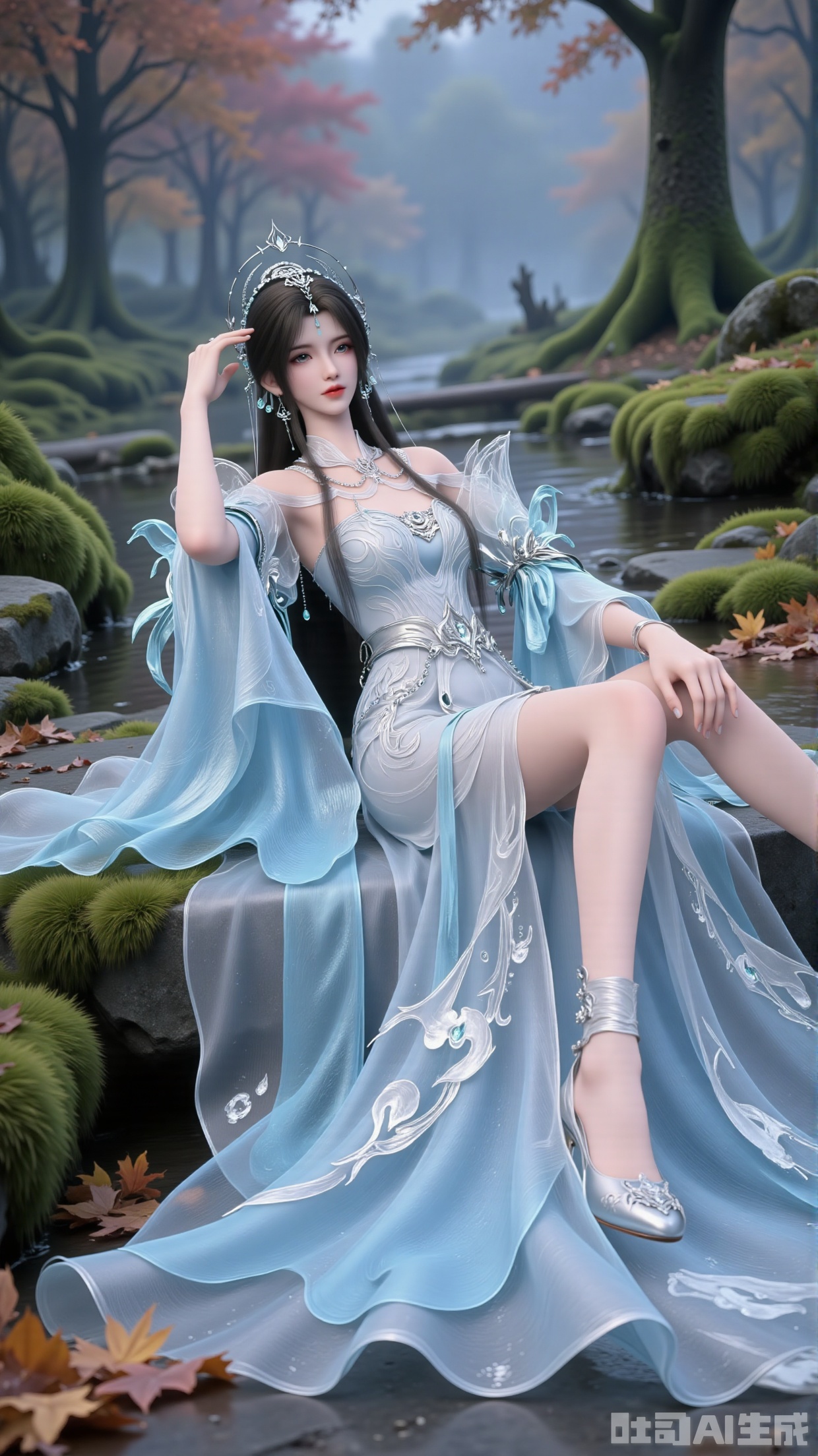 Low-angle photography. Shooting from bottom to top. Sitting position. Leaning back with body. Stretching feet in front of the lens.
 
- Hairstyle: Long black hair with delicate and gorgeous headpieces, mainly silver, inlaid with decorations like ice crystals and gemstones to add a noble touch. Forehead ornament. Forehead mark.
- Clothing style: Overall strapless dress in blue-white gradient, light and elegant. Strapless upper body reveals beautiful shoulder and neck lines, with delicate textures and patterns on the fabric, resembling ice crystals and cloud patterns; wide sleeves made of gradient blue-white transparent chiffon, decorated with three-dimensional flower shapes for a灵动fairy air; long and layered skirt combined with chiffon and solid fabric. Exquisite belt.
- Makeup: Fresh and delicate classical makeup. Fair and smooth base makeup highlights skin texture, natural eyeliner and eyelashes for more agility; soft light pink lip makeup is natural and enhances complexion, with overall fresh makeup highlighting the character's gentleness.
- Accessories: Earrings. Necklace.
- Wide sleeve design with smooth and natural lines adds a sense of elegance. Light blue flat embroidered shoes. Legs exposed.
- Pose: "Leaning sideways on a stone, one leg straight, one hand on the leg, the other hand touching the hair".
 
Environmental atmosphere
 
- Scene: "In a misty forest, ancient moss-covered stones, surrounded by tall trees, maple trees, fallen leaves, moss".
- Light: "Soft natural light, quiet atmosphere". Realistic. Lifelike.