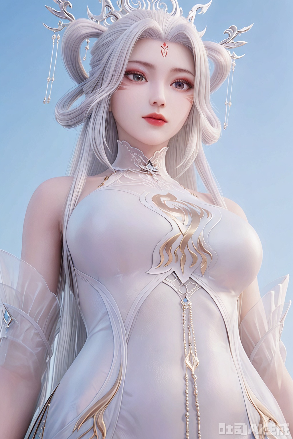 score_9_up,1girl, solo, long hair, hair ornament, big breasts,dress, upper body, white hair, white dress, facial mark, looking down, from below, hair rings, forehead mark,XiaoBai