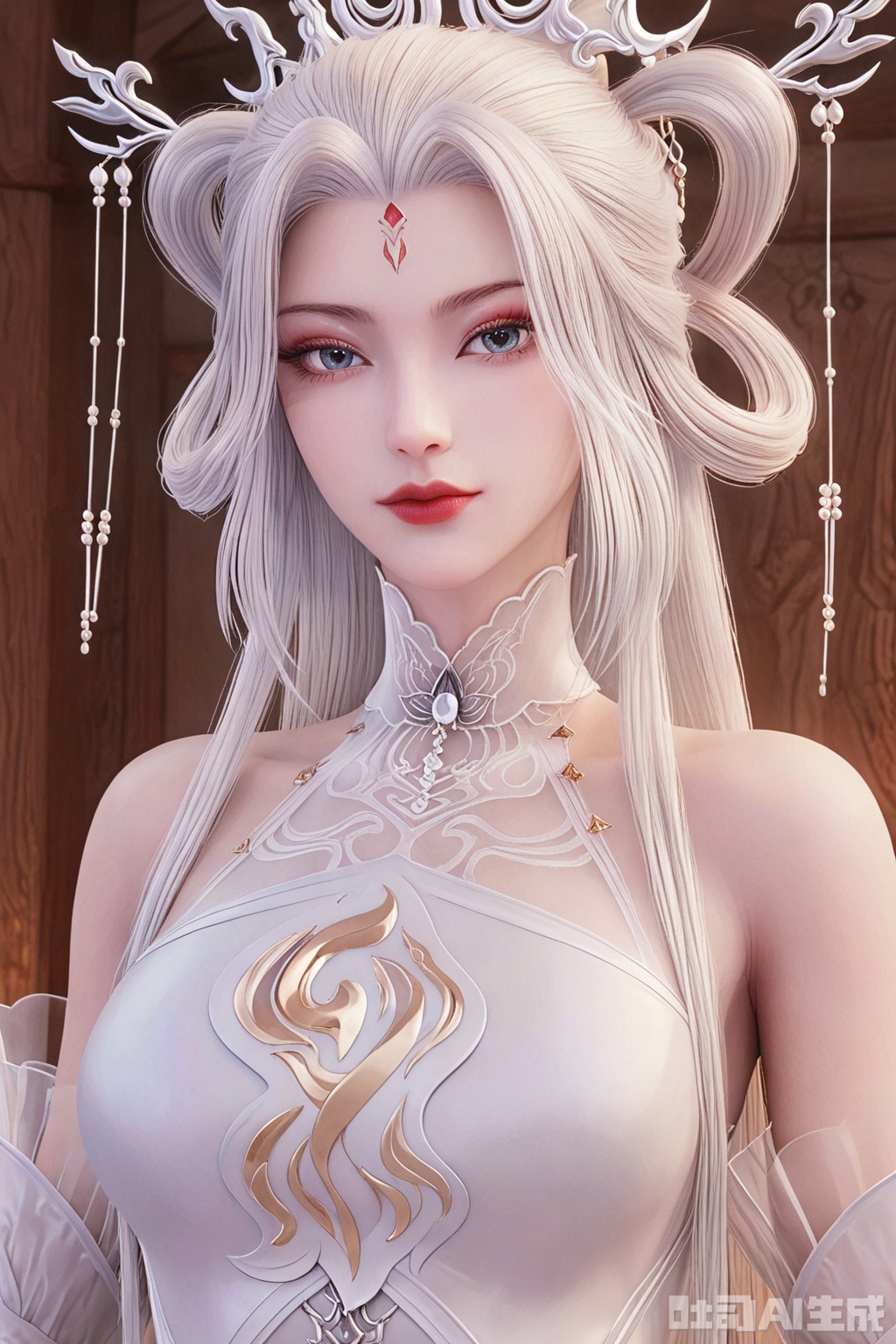 score_9_up,1girl, solo, long hair, looking at viewer, blue eyes, hair ornament, dress, bare shoulders, upper body, white hair, detached sleeves, white dress, hair rings, red lips,XiaoBai