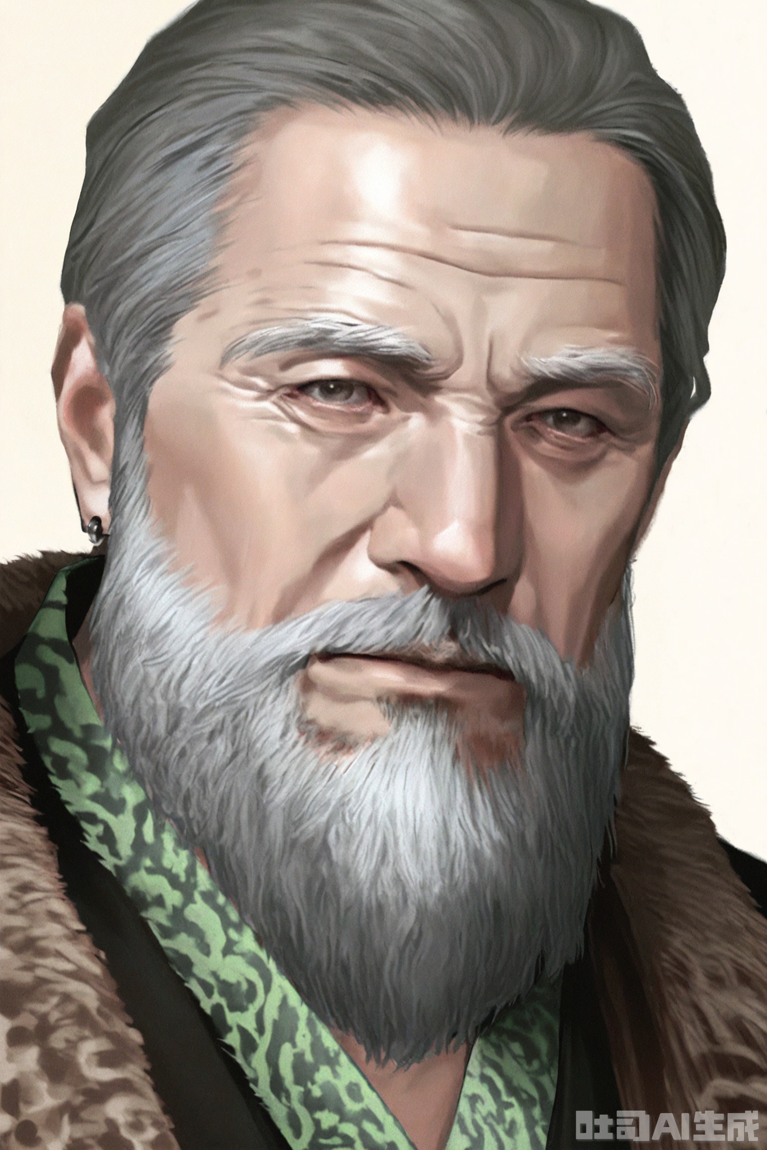Masterpiece, best quality, newest, year 2024, year 2023, very aesthetic, extreme aesthetic, visual impact ,art_SGXX,solo, a man, male focus, beard, realistic portrait, old man, old, jewelry, simple background,