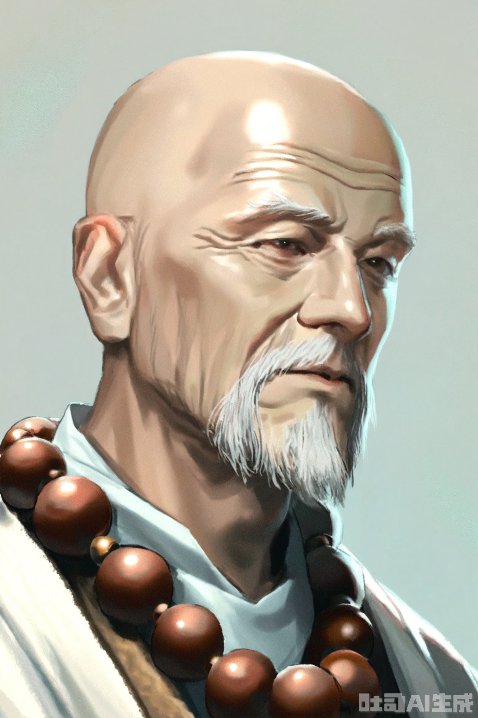 Masterpiece, best quality, newest, year 2024, year 2023, very aesthetic, extreme aesthetic, visual impact ,art_SGXX,solo, a man, male focus, bald, facial hair, prayer beads, beard, realistic, beads, portrait, old man, old, jewelry, simple background, upper body, necklace