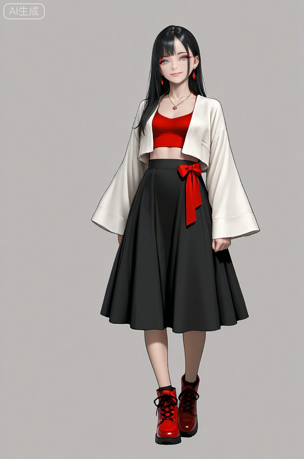 //,masterpiece,best quality,very aesthetic,extreme aesthetic,absurdres,Visual impact,ultra-high resolution,32K UHD,sharp focus,Emotionalization,masterpiece,masterful details,Romantic, dreamy, ethereal atmosphere; 1girl, realistic,//
A detailed line art of a solo girl with realistic style, showcasing intricate eye details. She has long black hair with bangs and sidelocks, wearing a red crop top and a black skirt. Her long sleeves extend past her wrists, and she is standing with a smile. She has grey eyes, a red ribbon around her neck, earrings, a red bow, and a necklace. Her red footwear stands out against a grey background. She has a midriff, small breasts, and makeup on her lips, which are closed. Her hair is multicolored, and she wears a jacket with wide sleeves.