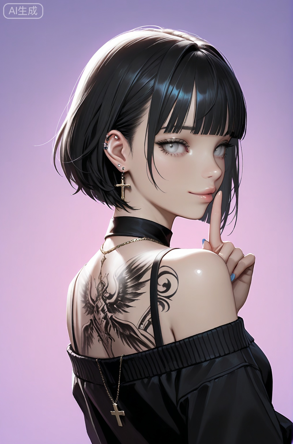 //,masterpiece,best quality,very aesthetic,extreme aesthetic,absurdres,Visual impact,ultra-high resolution,32K UHD,sharp focus,Emotionalization,masterpiece,masterful details,Romantic, dreamy, ethereal atmosphere; 1girl, realistic,//
1girl,solo,jewelry,earrings,short hair,looking at viewer,finger to mouth,shushing,cross,black hair,bangs,blue eyes,nail polish,tattoo,cross earrings,blunt bangs,piercing,necklace,medium shot body,white eyes,ear piercing,purple background,blue nails,bare shoulders,looking back,grey eyes, /