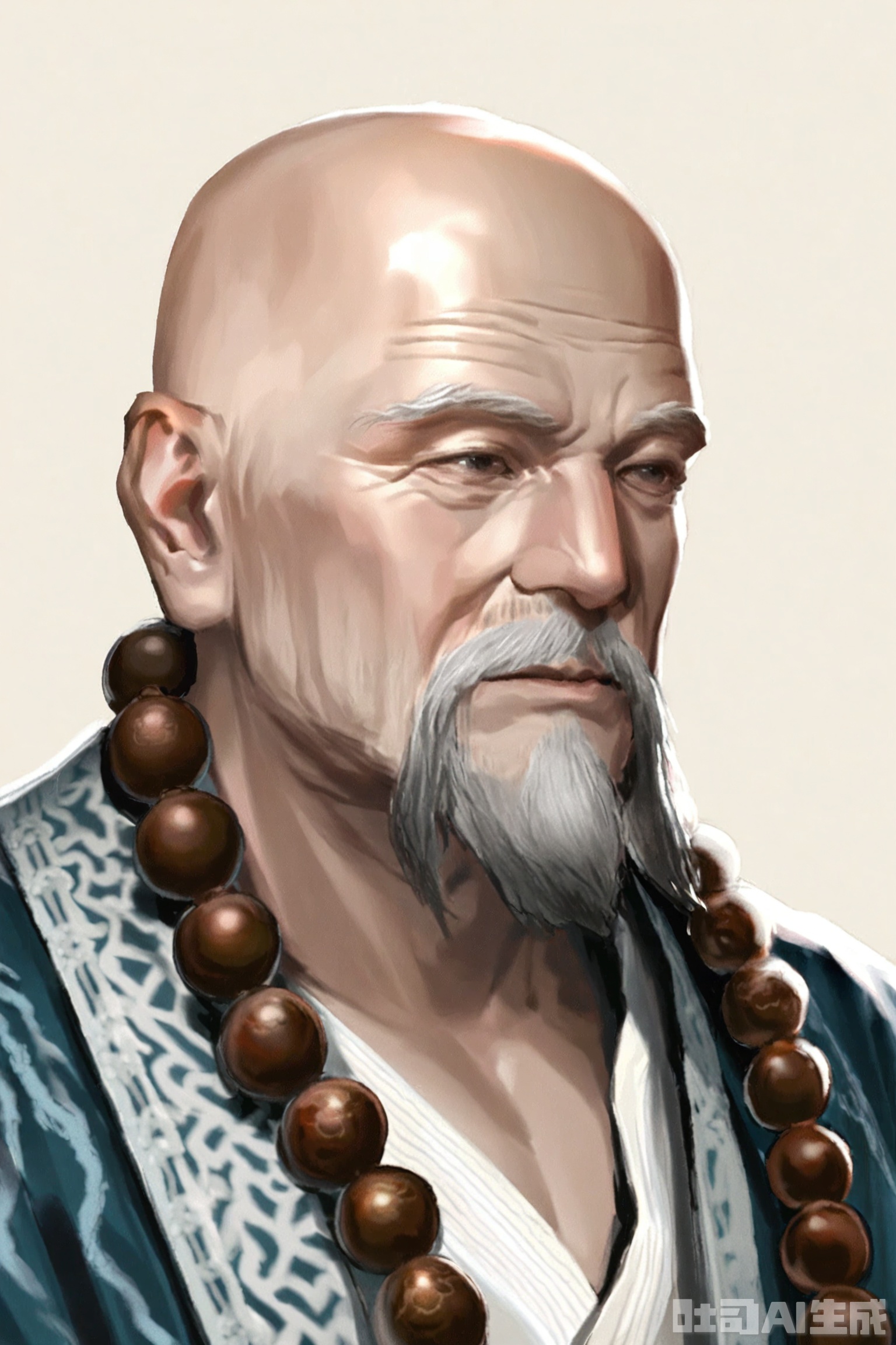 Masterpiece, best quality, newest, year 2024, year 2023, very aesthetic, extreme aesthetic, visual impact ,art_SGXX,solo, a man, male focus, bald, facial hair, prayer beads, beard, realistic, beads, portrait, old man, old, jewelry, simple background, upper body, necklace