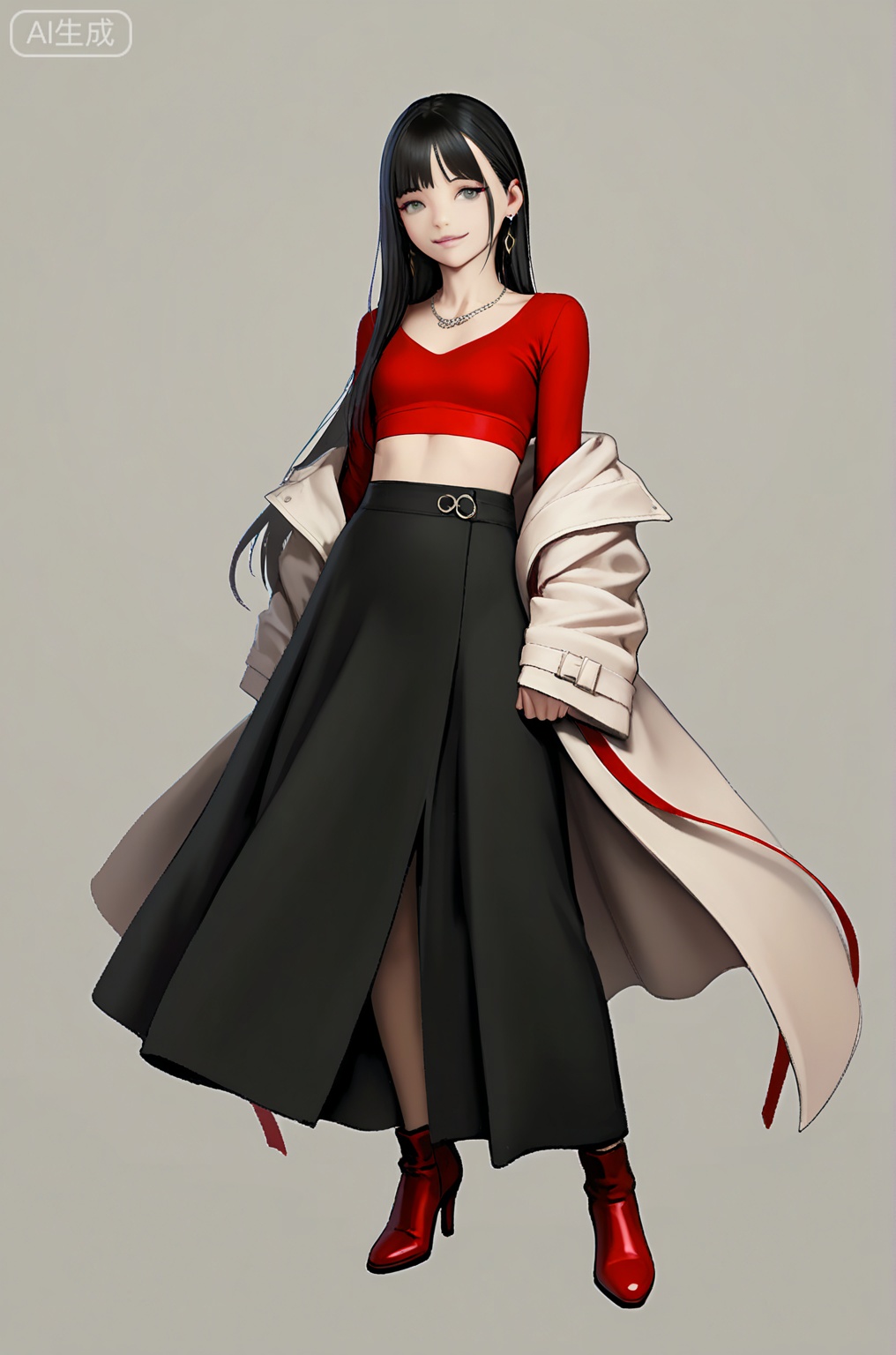 //,masterpiece,best quality,very aesthetic,extreme aesthetic,absurdres,Visual impact,ultra-high resolution,32K UHD,sharp focus,Emotionalization,masterpiece,masterful details,Romantic, dreamy, ethereal atmosphere; 1girl, realistic,//
A detailed line art of a solo girl with realistic style, showcasing intricate eye details. She has long black hair with bangs and sidelocks, wearing a red crop top and a black skirt. Her long sleeves extend past her wrists, and she is standing with a smile. She has grey eyes, a red ribbon around her neck, earrings, a red bow, and a necklace. Her red footwear stands out against a grey background. She has a midriff, small breasts, and makeup on her lips, which are closed. Her hair is multicolored, and she wears a jacket with wide sleeves.