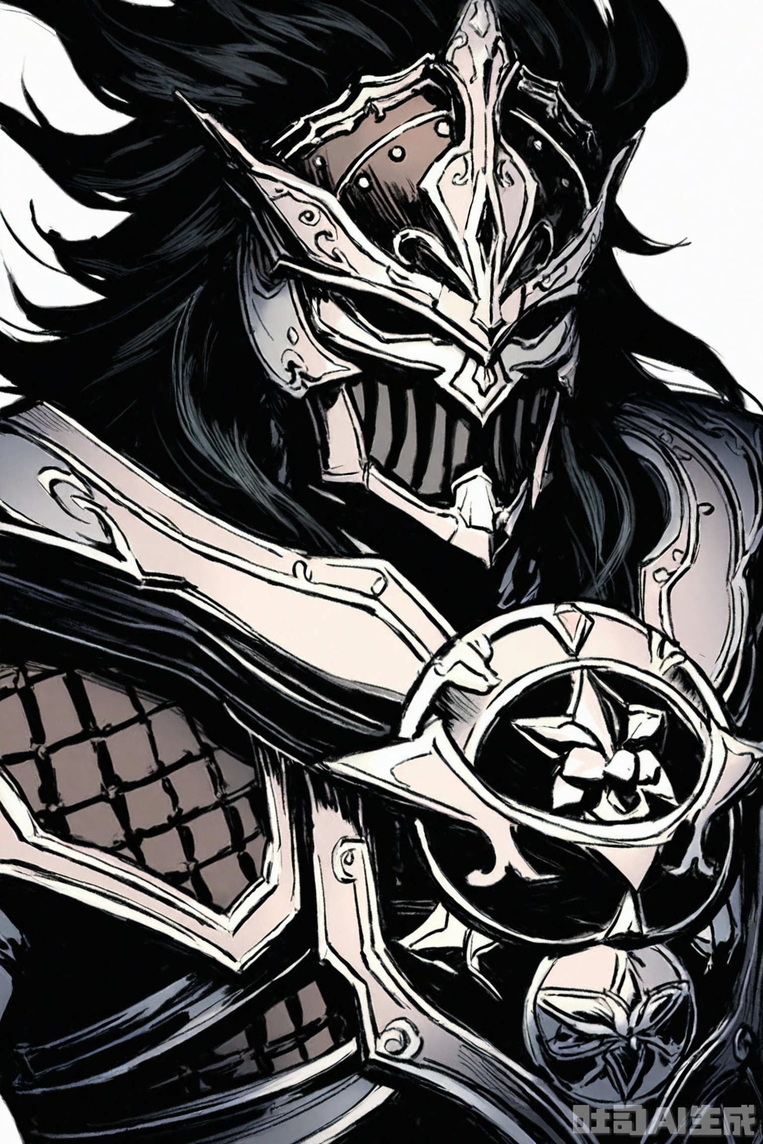 Masterpiece, best quality, newest, year 2024, year 2023, very aesthetic, extreme aesthetic, visual impact ,art_SGXX,a man, male focus, solo, armor, black hair, long hair, white background, simple background