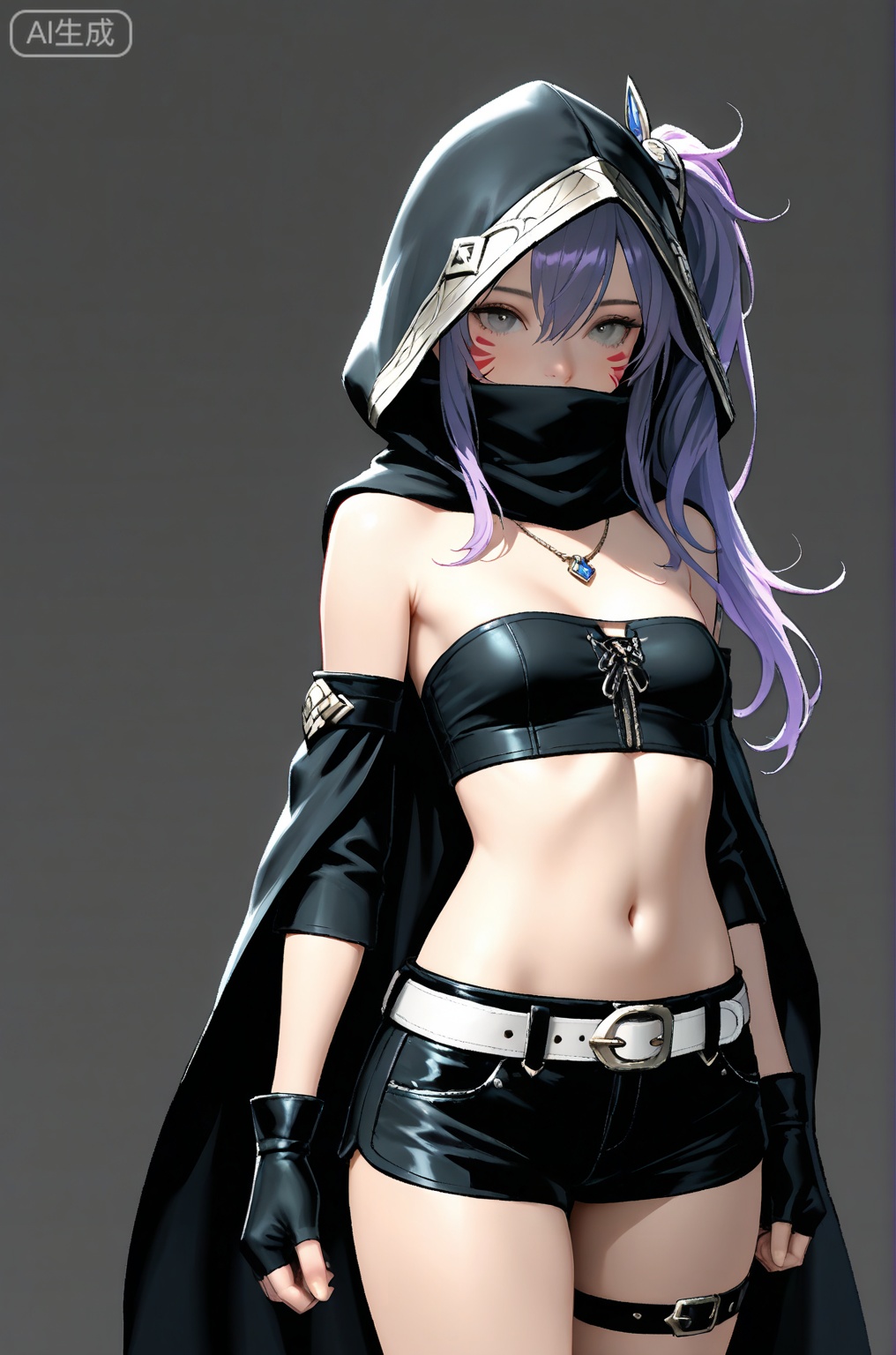 //,masterpiece,best quality,very aesthetic,extreme aesthetic,absurdres,Visual impact,ultra-high resolution,32K UHD,sharp focus,Emotionalization,masterpiece,masterful details,Romantic, dreamy, ethereal atmosphere; 1girl, realistic,//
1girl,solo,long hair,belt,navel,shorts,gloves,thigh strap,black shorts,hood,short shorts,black gloves,covered mouth,purple hair,simple background,midriff,looking at viewer,fingerless gloves,side ponytail,grey eyes,grey background,hair between eyes,hood up,breasts,standing,twintails,blue hair,hair ornament,bangs,detached sleeves,bare shoulders,strapless,black cloak,jewelry,cloak,belt buckle,gradient,facial mark,necklace,tube top,white belt,buckle,small breasts,cowboy shot,Female character in fantasy attire,showcasing detailed clothing and accessories,with a focused expression on her face. She is posed against a neutral background,under bright,even lighting that highlights the intricate details of her appearance. The artistic style is reminiscent of anime or manga,characterized by clean lines,vibrant colors,and an emphasis on character design and expression. The emotional tone appears to be one of confidence and readiness,befitting her warrior-like attire. Overall atmosphere suggests a blend of fantasy and realism in the image rendering.,