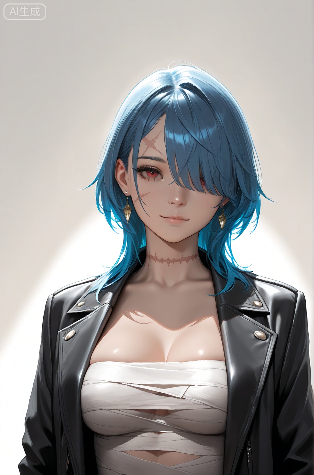 //,masterpiece,best quality,very aesthetic,extreme aesthetic,absurdres,Visual impact,ultra-high resolution,32K UHD,sharp focus,Emotionalization,masterpiece,masterful details,Romantic, dreamy, ethereal atmosphere; 1girl, realistic,//
1girl, red eyes, solo, hair over one eye, blue hair, looking at viewer, bandages, upper body, closed mouth, scar, jacket, jewelry, breasts, bangs, earrings, coat, short hair, medium hair, long hair, scar on face, black jacket