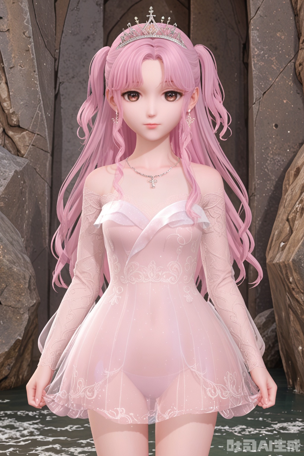 1girl, solo, long hair, breasts, looking at viewer, bangs, long sleeves, bikini, bare shoulders, brown eyes, jewelry, closed mouth, standing, pink hair, earrings, small breasts, necklace, white dress, two side up, see-through, parted bangs, tiara, bikini