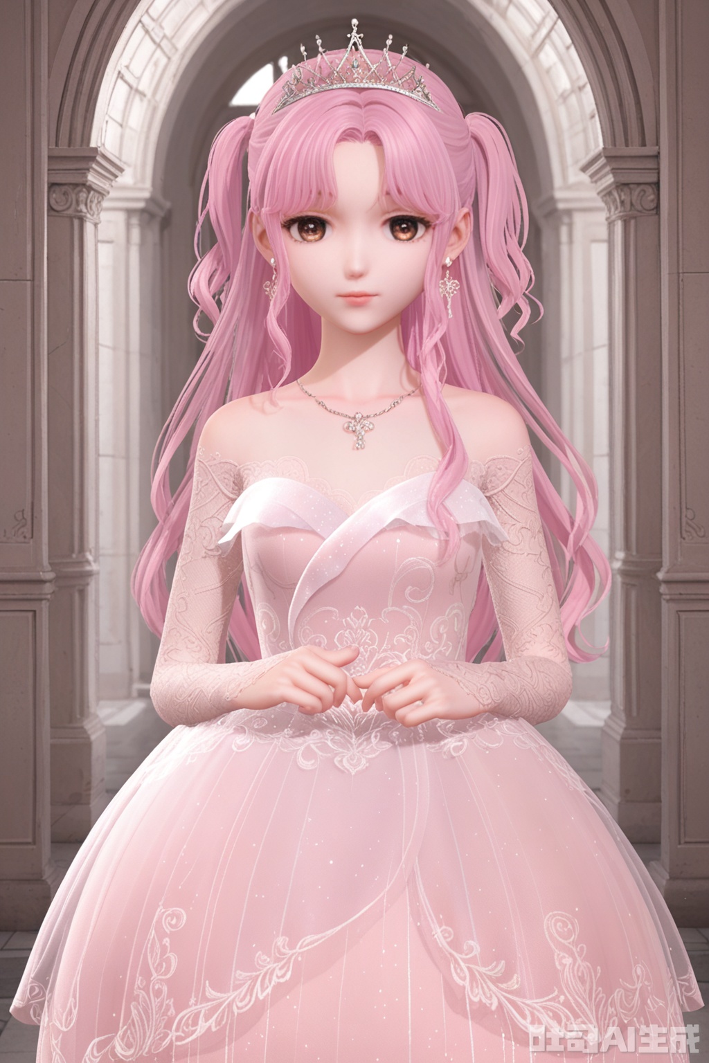 1girl, solo, long hair, breasts, looking at viewer, bangs, long sleeves, dress, bare shoulders, brown eyes, jewelry, closed mouth, standing, pink hair, earrings, small breasts, necklace, white dress, two side up, see-through, parted bangs, tiara, pink dress